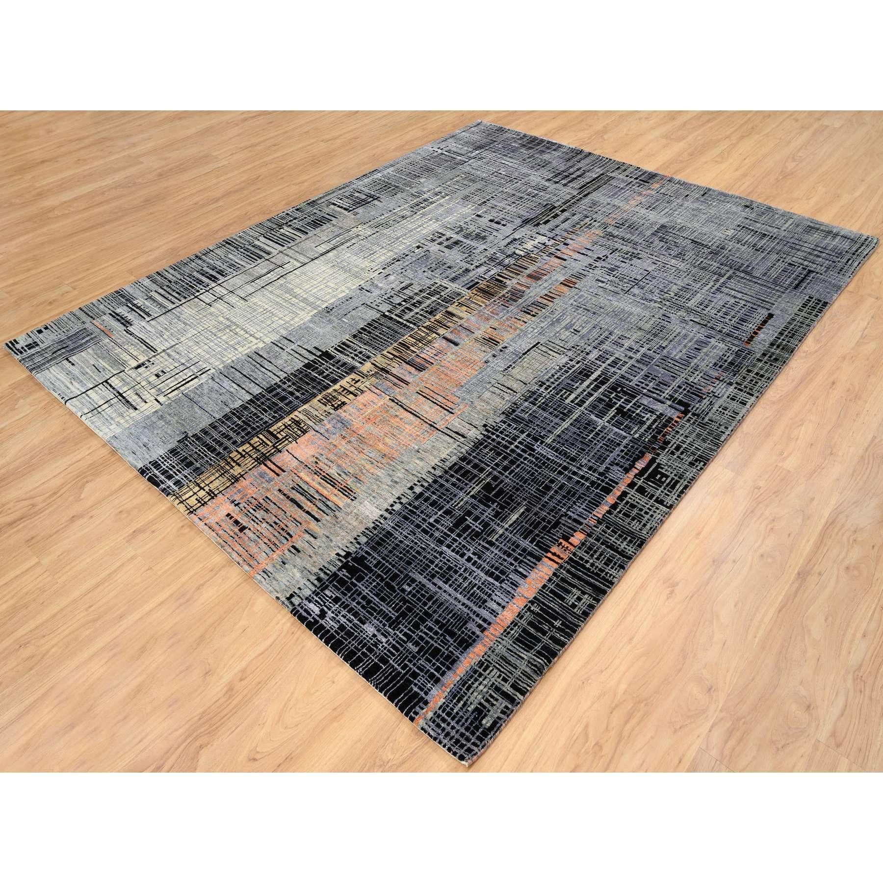 Annodato a mano 8'x10' Nero e Grigio, Tappeto Ghazni in Lana e Seta, Design Moderno, Annodato a Mano in vendita
