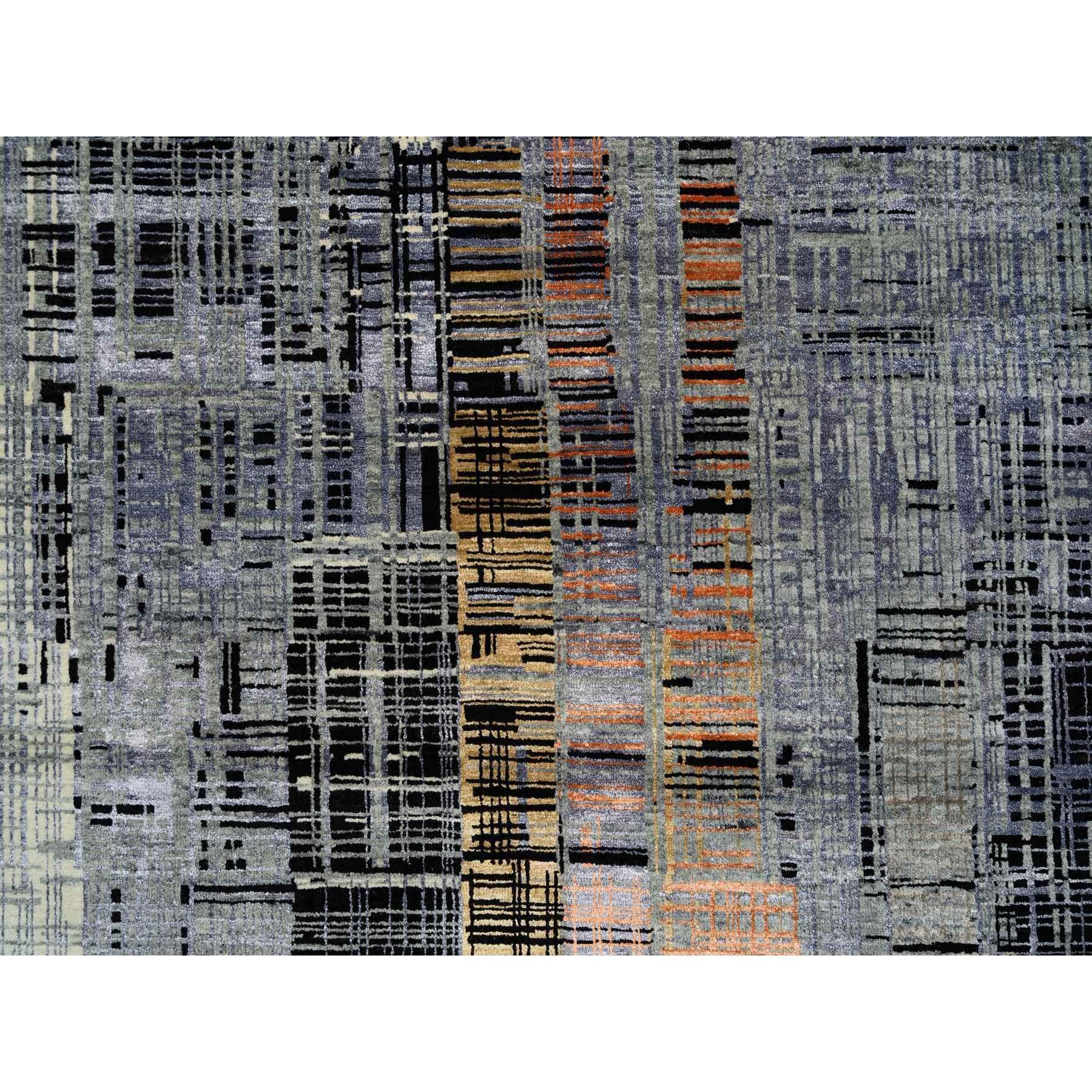 8'x10' Nero e Grigio, Tappeto Ghazni in Lana e Seta, Design Moderno, Annodato a Mano in vendita 3