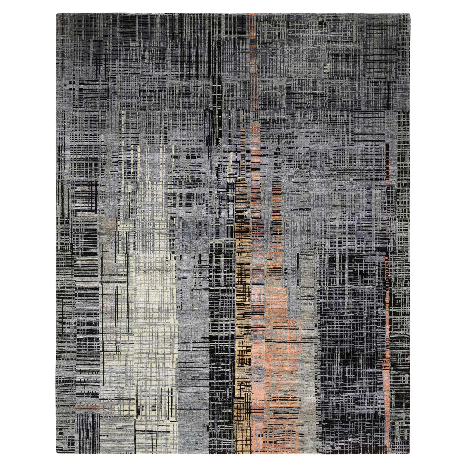 8'x10' Nero e Grigio, Tappeto Ghazni in Lana e Seta, Design Moderno, Annodato a Mano in vendita