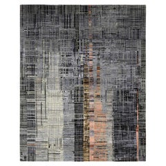 8'x10' Schwarz und Grau, Ghazni Teppich aus Wolle und Seide mit modernem Design, handgeknüpft