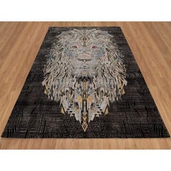 8'x10' Black Hand Knotted The Maharaja Lion Novelty Wool & Silk Oriental Rug