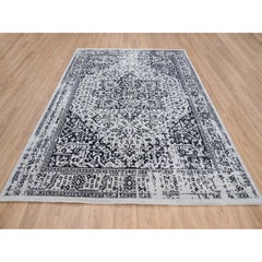 8'x10' Black, Hand Loomed, Erased Serapi Heriz Design, Wool and Silk, Rug