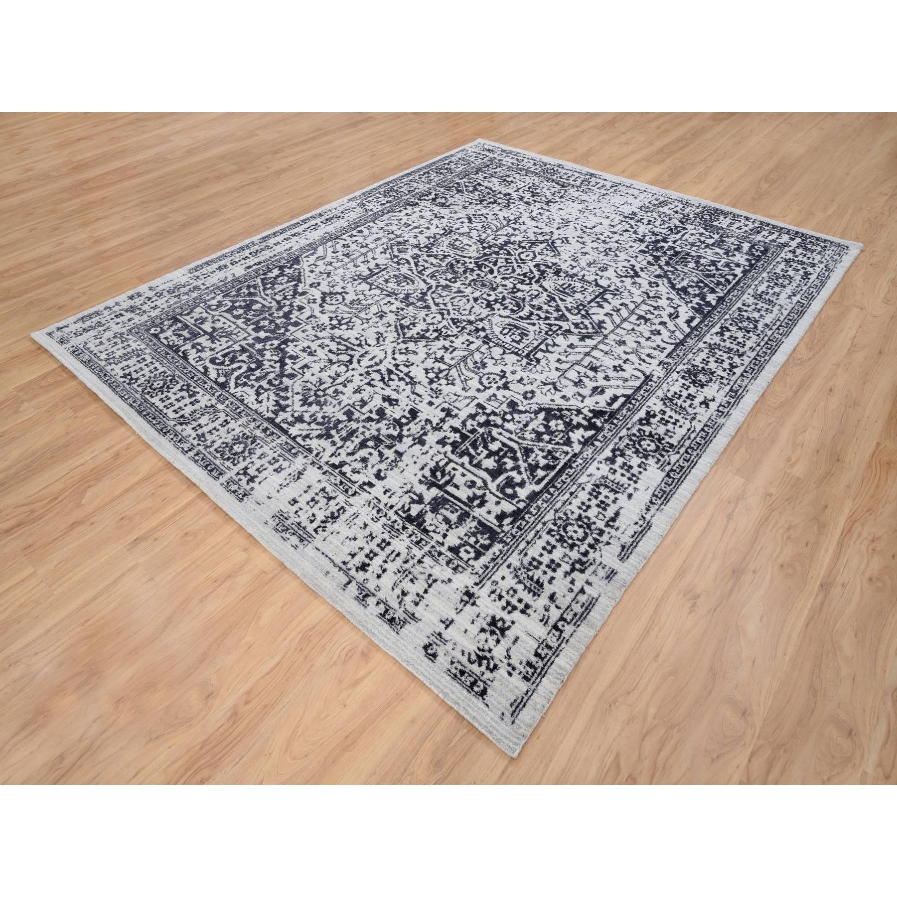 Heriz Serapi 8'x10' Black Wool and Silk Hand Loomed Erased Serapi Heriz Design Rug For Sale