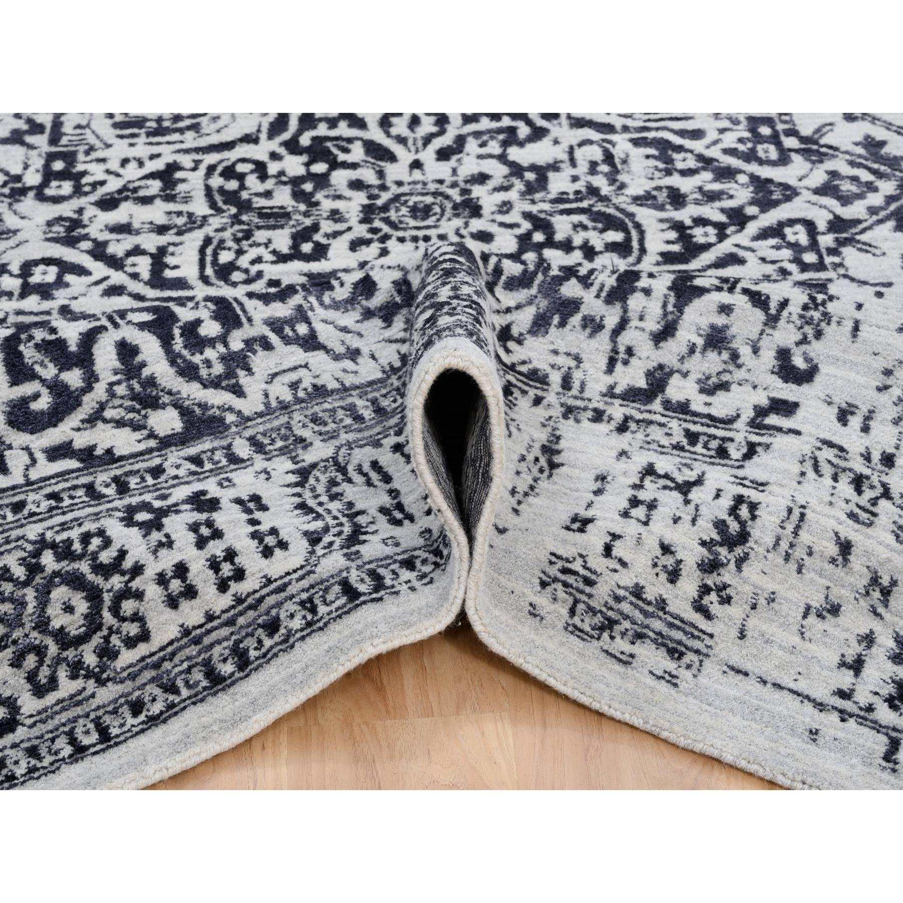 Hand-Knotted 8'x10' Black Wool and Silk Hand Loomed Erased Serapi Heriz Design Rug For Sale