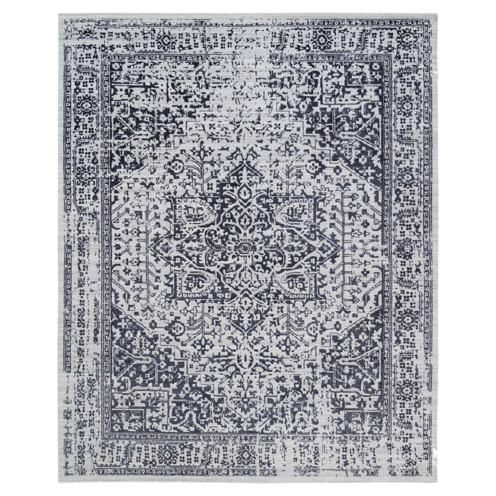 8'x10' Black Wool and Silk Hand Loomed Erased Serapi Heriz Design Rug For Sale