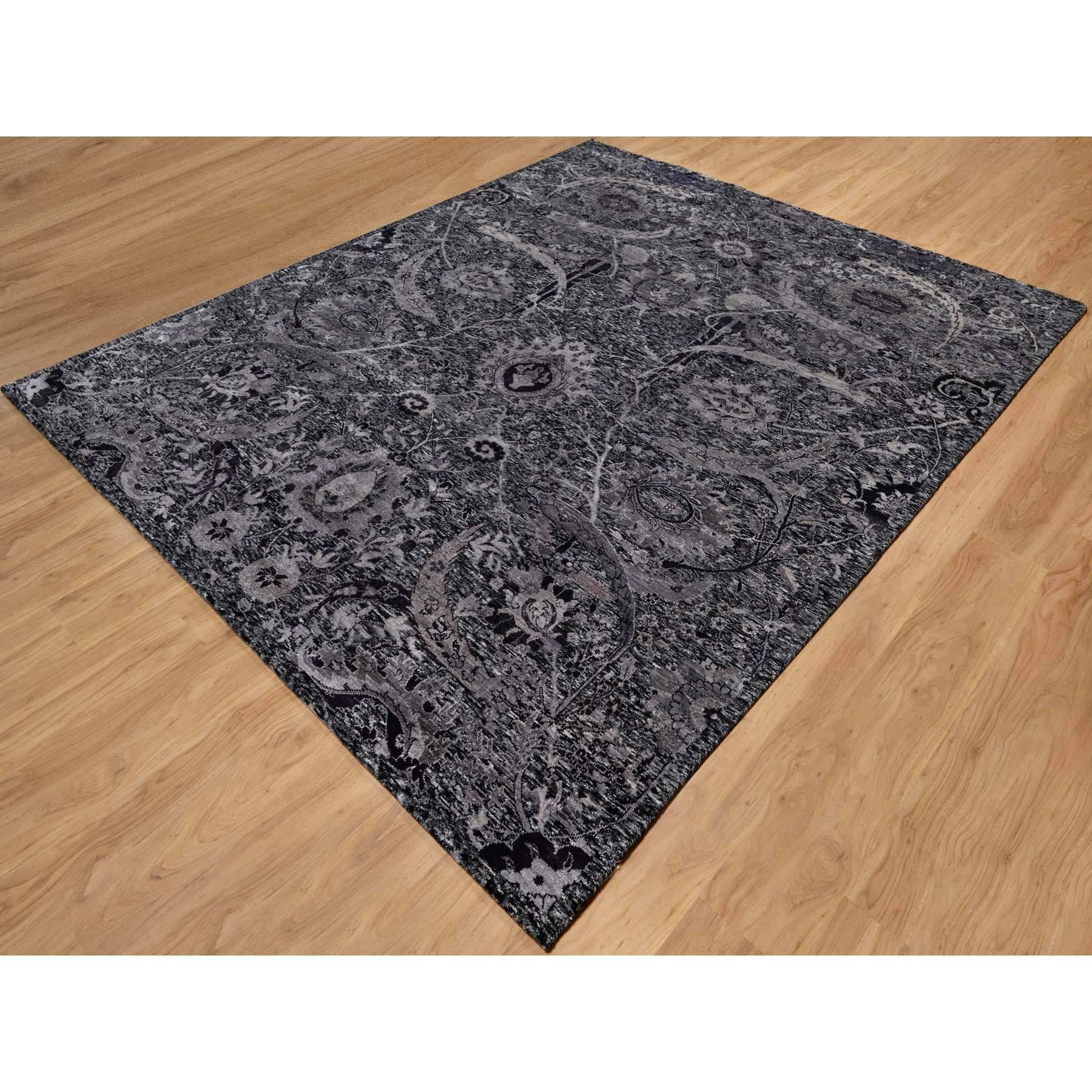 Indien 8'x10' Tapis noué à la main en laine et soie noire à motif de feuilles de faucille et à poils souples en vente
