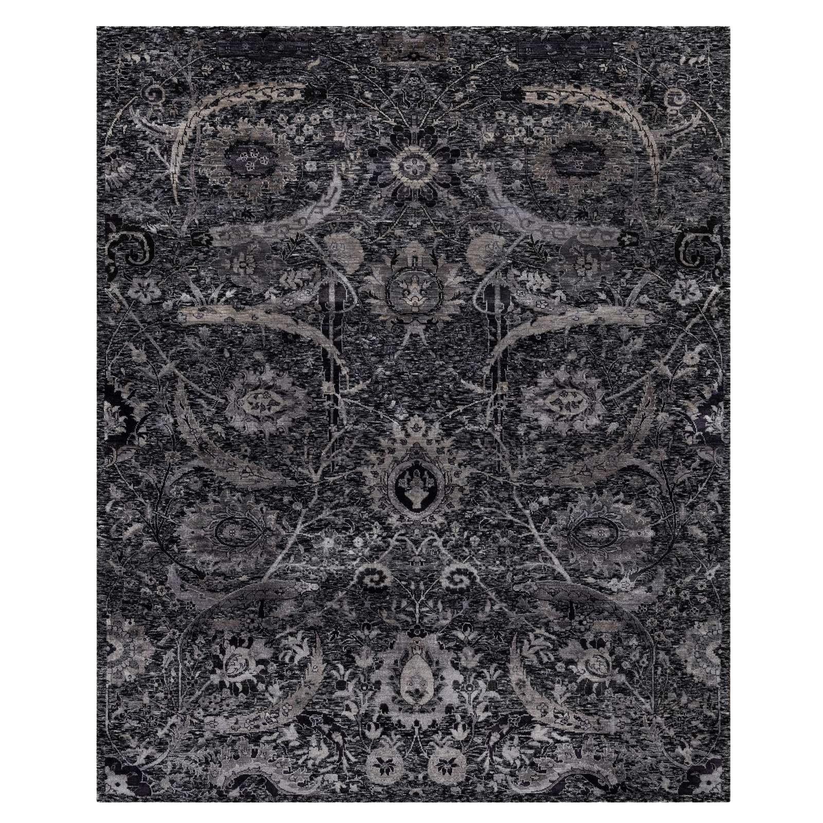 8
x10
Tappeto nero in lana e seta con disegno di foglie di falce e morbido vello annodato a mano