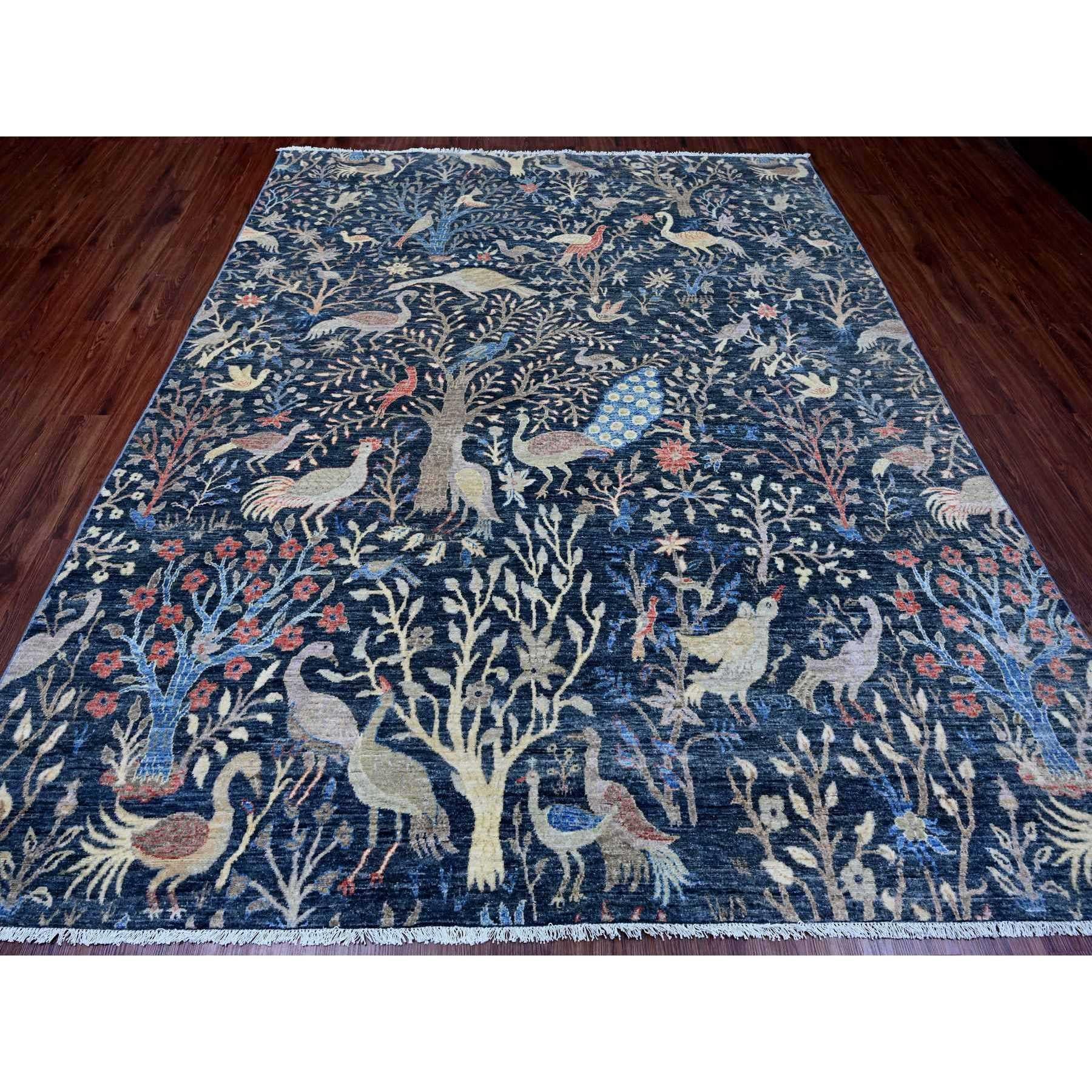 Space Cadet Blue,. Afghan Peshawar with Birds of Paradise Design, Hand Knotted, Soft Wool, Vegetable Dyes, Oriental Rug
Primary materials: Wool
Latex: No Pile 
height: 0.25 Inches
Style: Transitional
Primary color: Blue
Secondary colors: Red, Green,