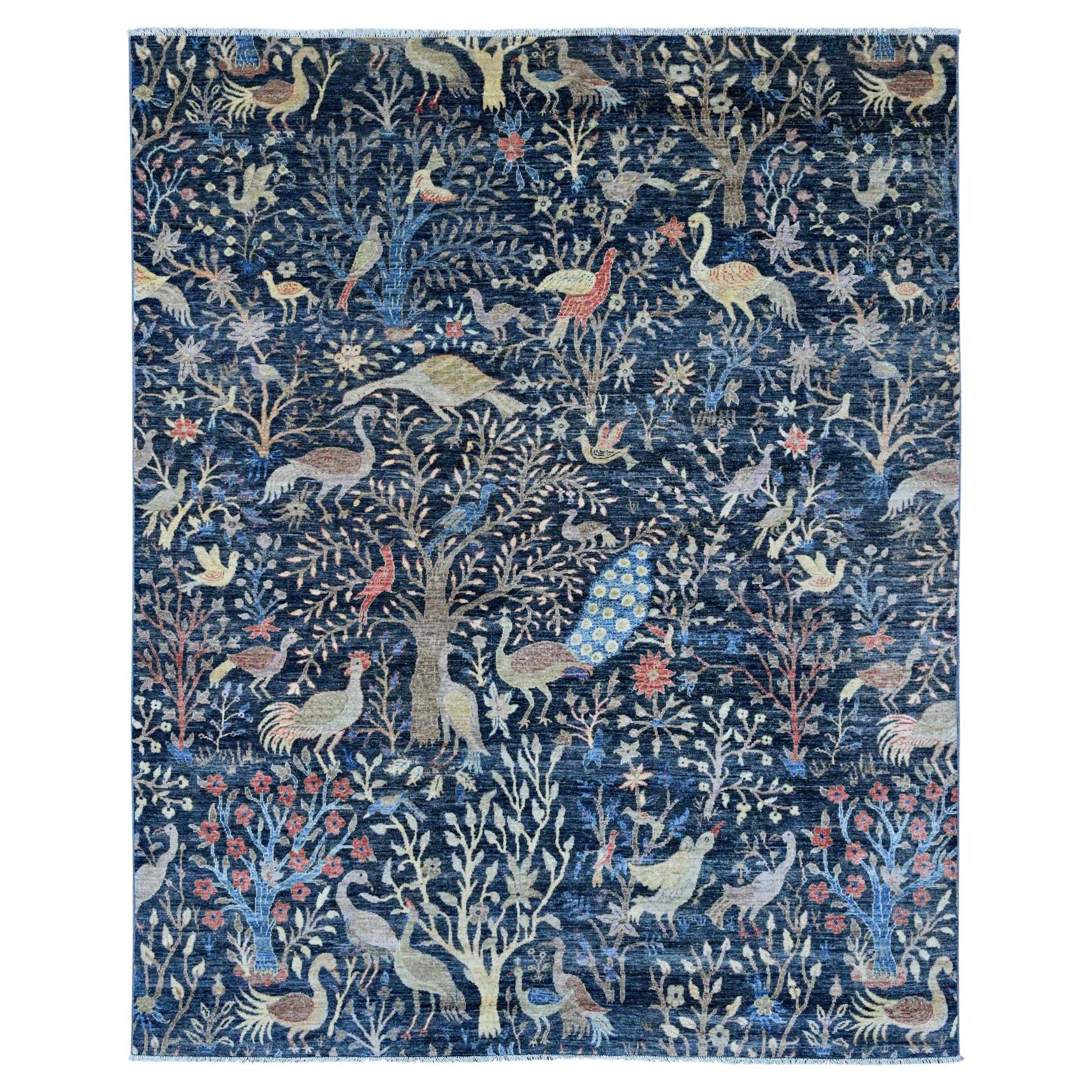 8'x10' Blue Afghan Peshawar Birds of Paradise Design Hand Knotted Soft Wool Rug