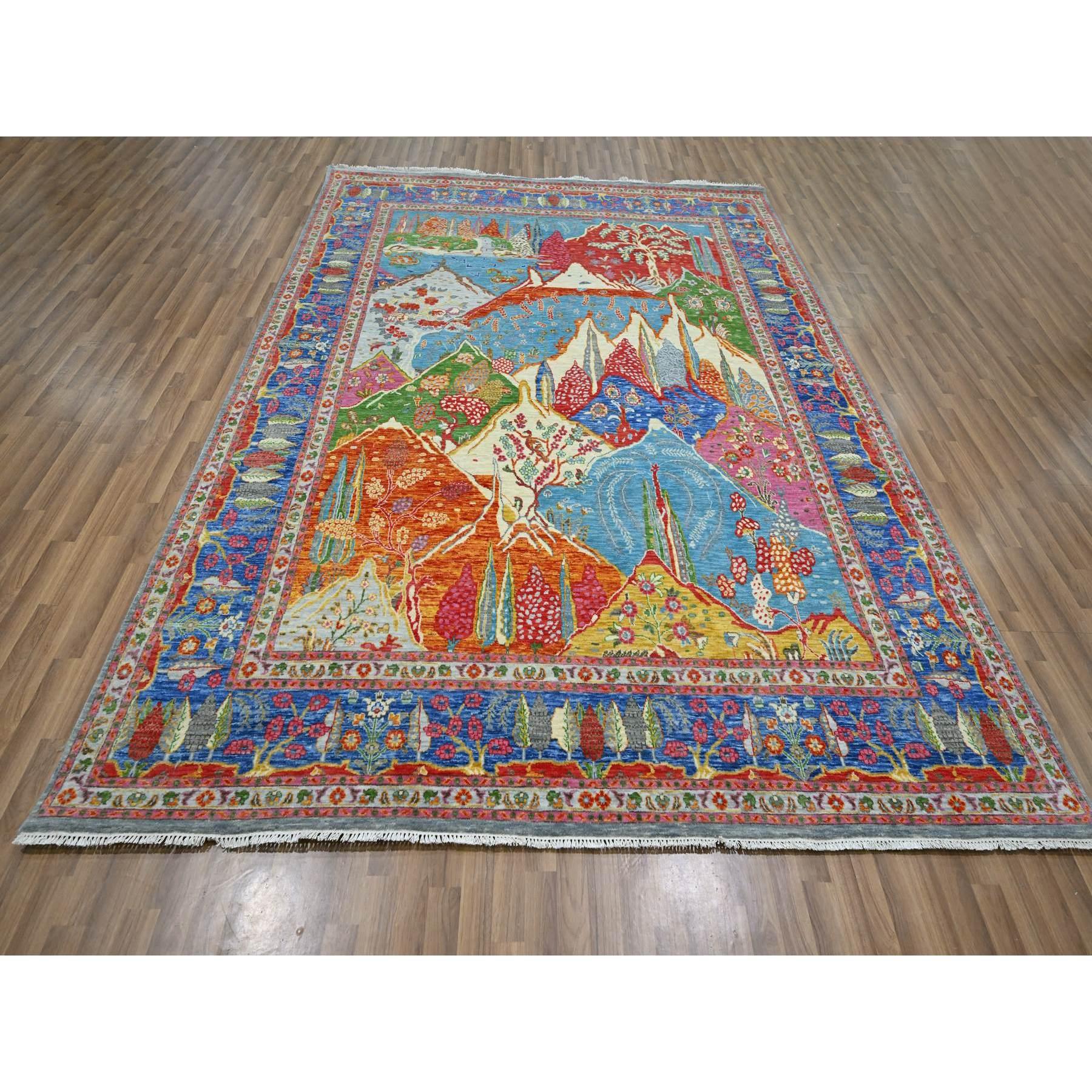 Azul Aguamarina, Pictórica con Diseño de Montañas y Árboles de Colores, Anudada a Mano, 100% Lana, Agra, Alfombra Oriental
Materiales primarios: Lana
Látex: Sin pelo 
altura: 0,25 Pulgadas
Estilo: Tradicional
Color principal: Azul
Colores