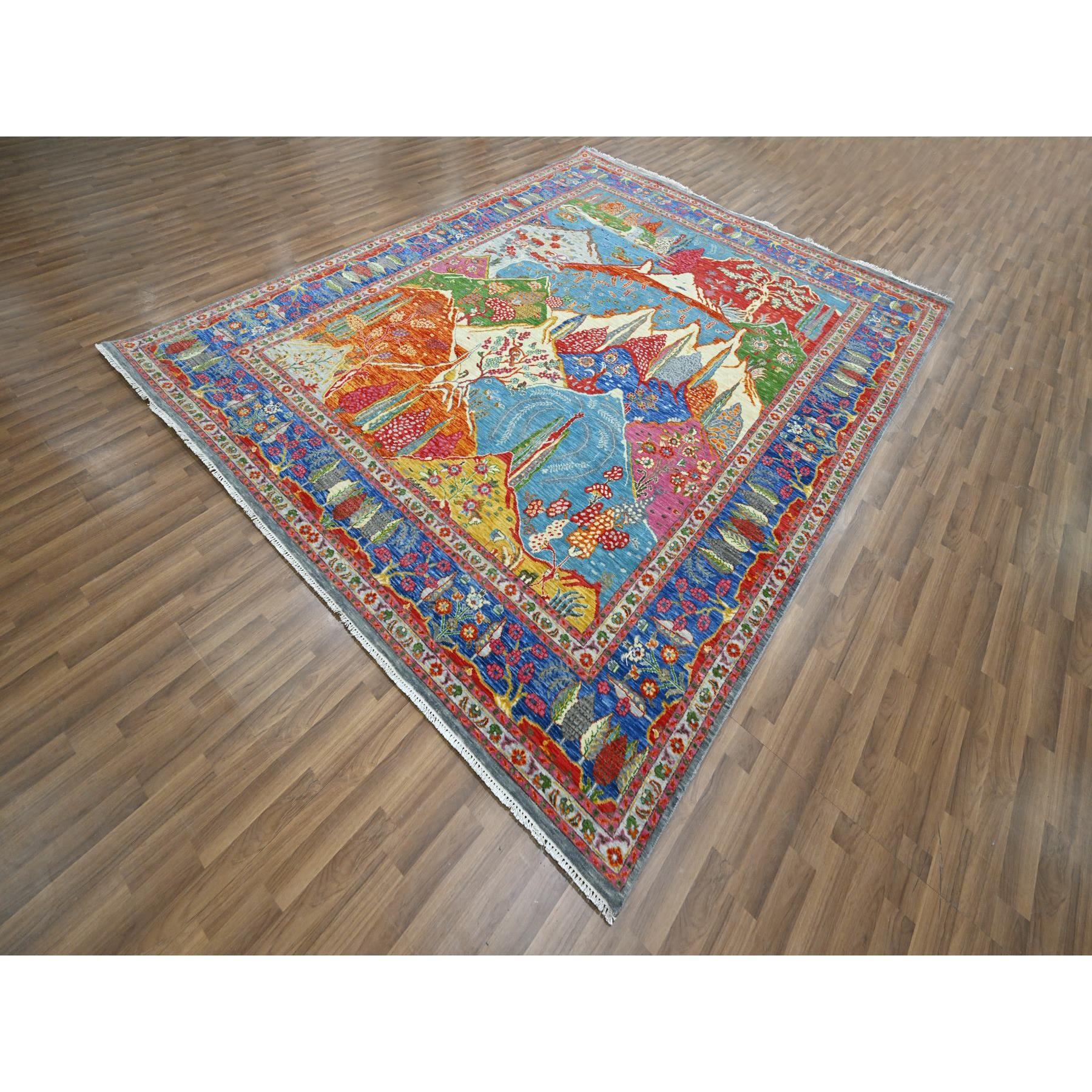 8'x10' Alfombra de lana anudada a mano con diseño de montañas y árboles de colores azules Agra en venta