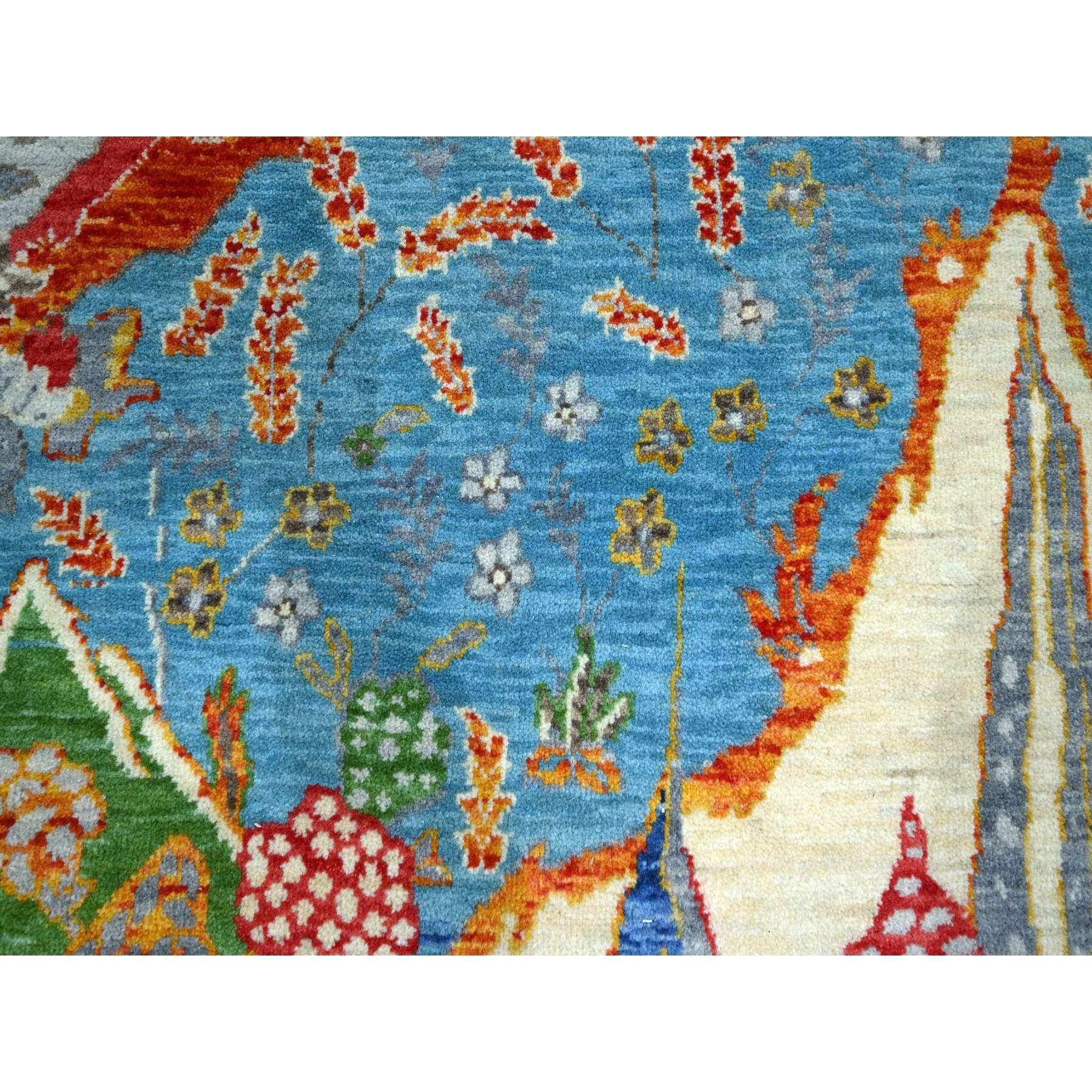 8'x10' Alfombra de lana anudada a mano con diseño de montañas y árboles de colores azules Lana en venta