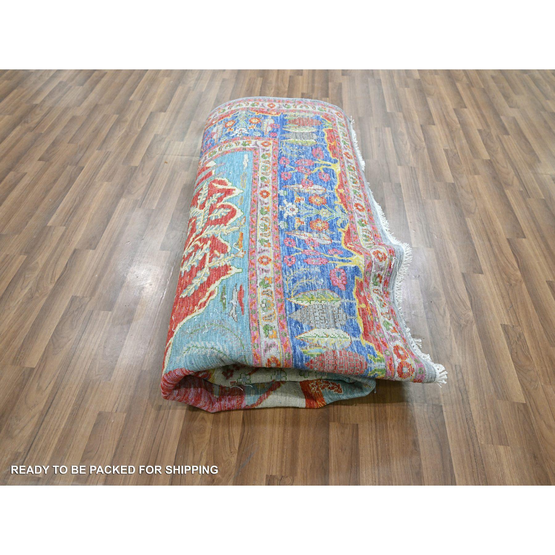 8'x10' Alfombra de lana anudada a mano con diseño de montañas y árboles de colores azules en venta 1