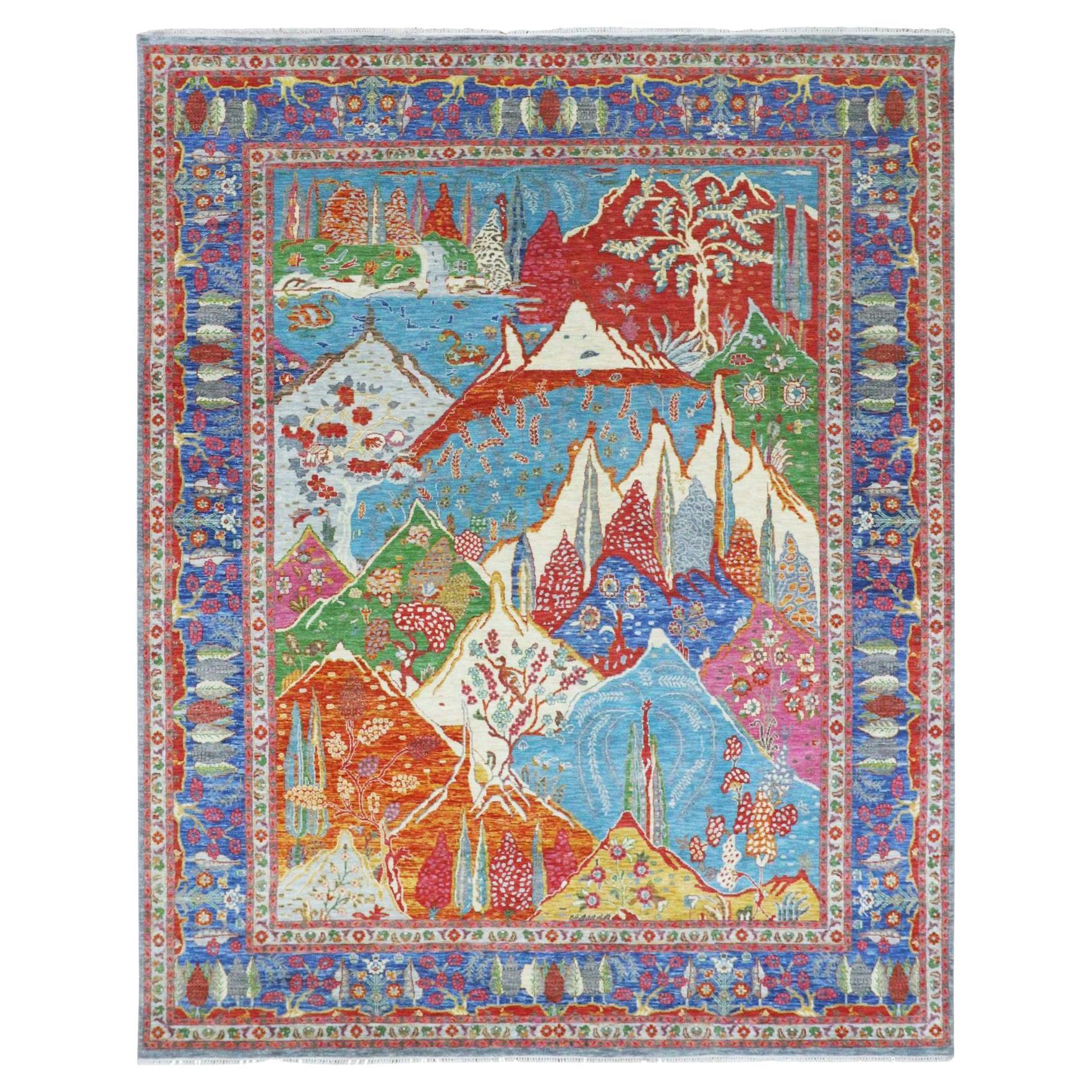 8'x10' Tappeto di lana annodato a mano con disegni di montagne e alberi colorati in blu