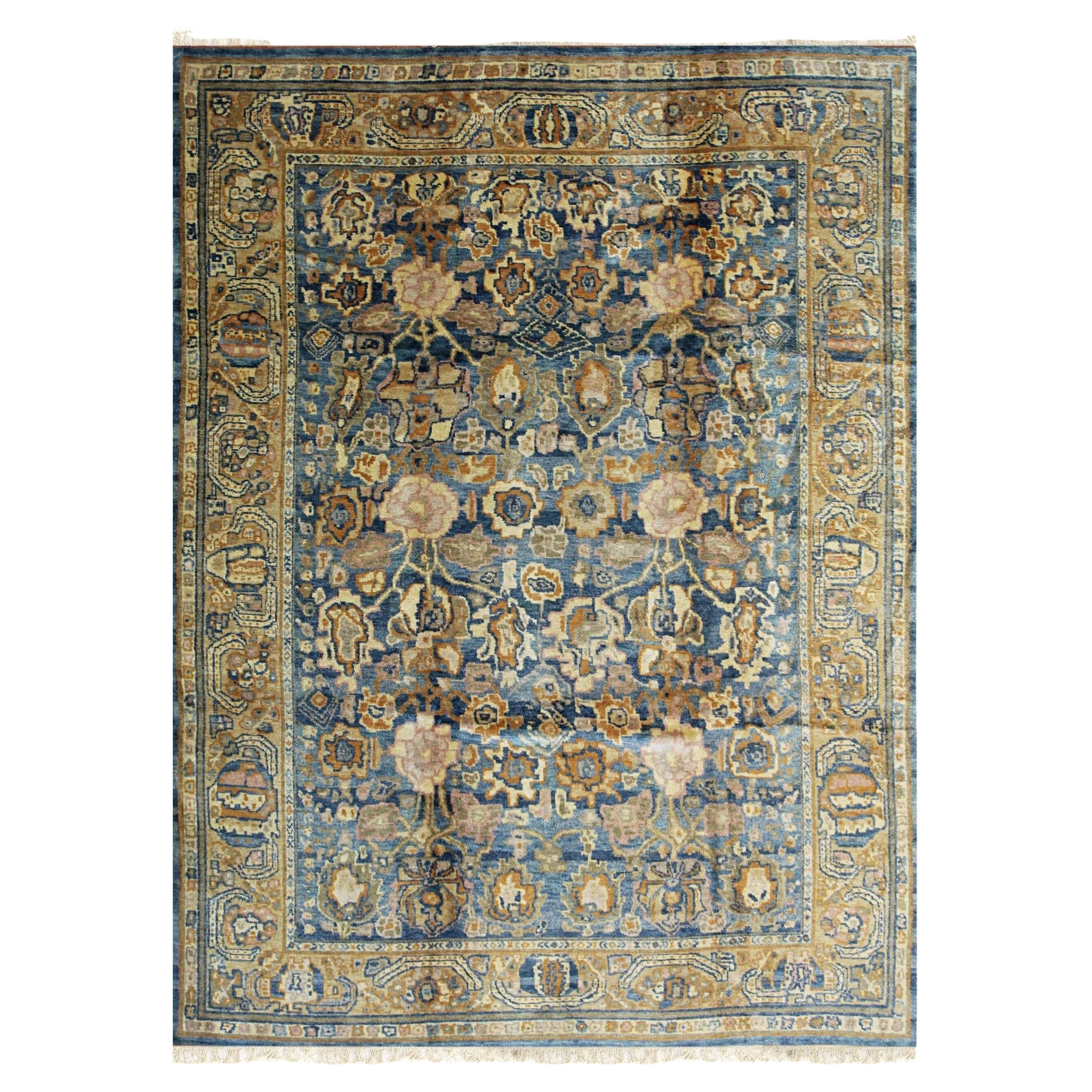 8x10 Blue Hand-Knotted Wool Faded Floral Bloom Geometric Modern Carpet Rug