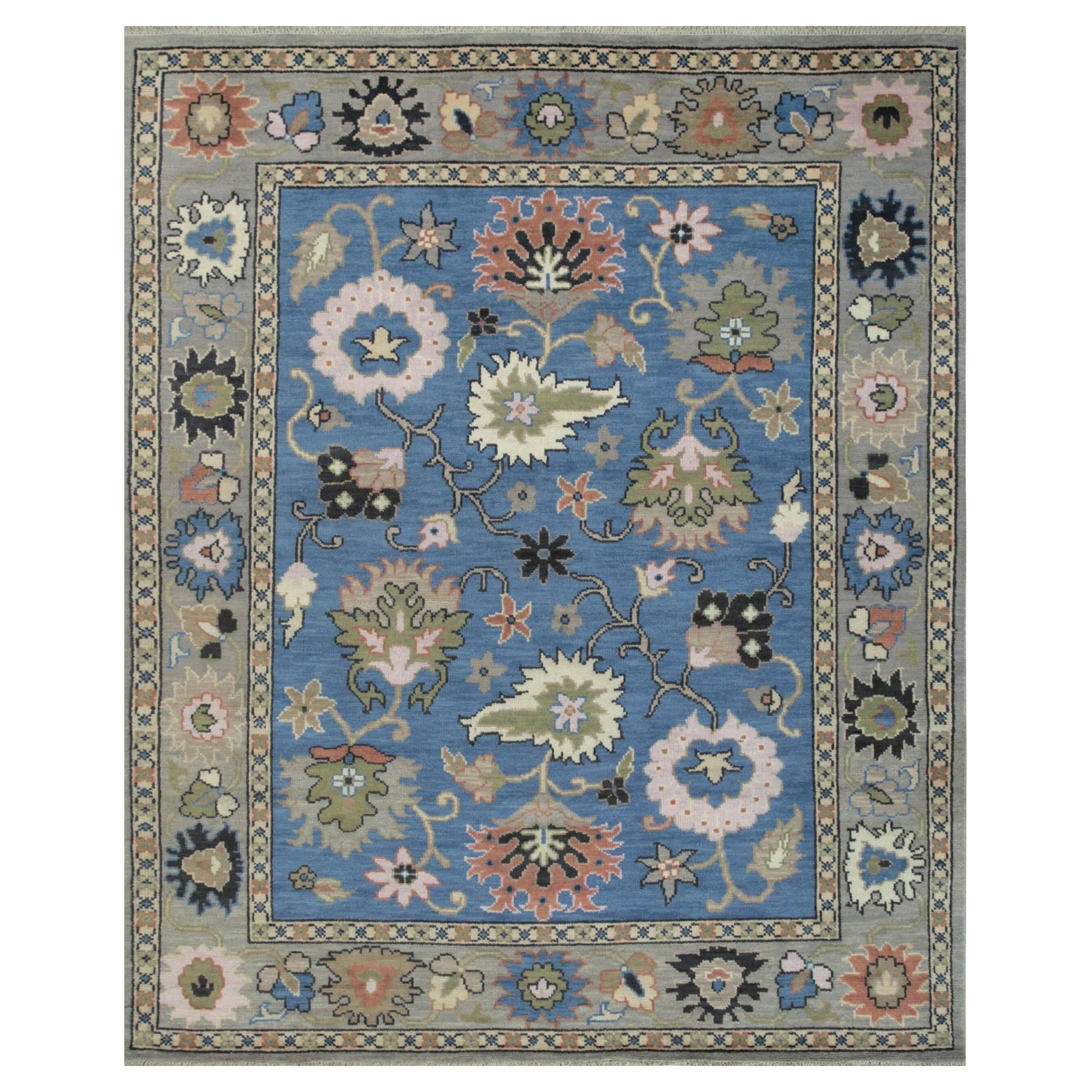 8x10 Blue Hand-Knotted Wool Floral Abundance Classic Traditional Carpet Rug
