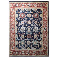 Tappeto tradizionale 8x10 blu annodato a mano in lana con costellazioni floreali