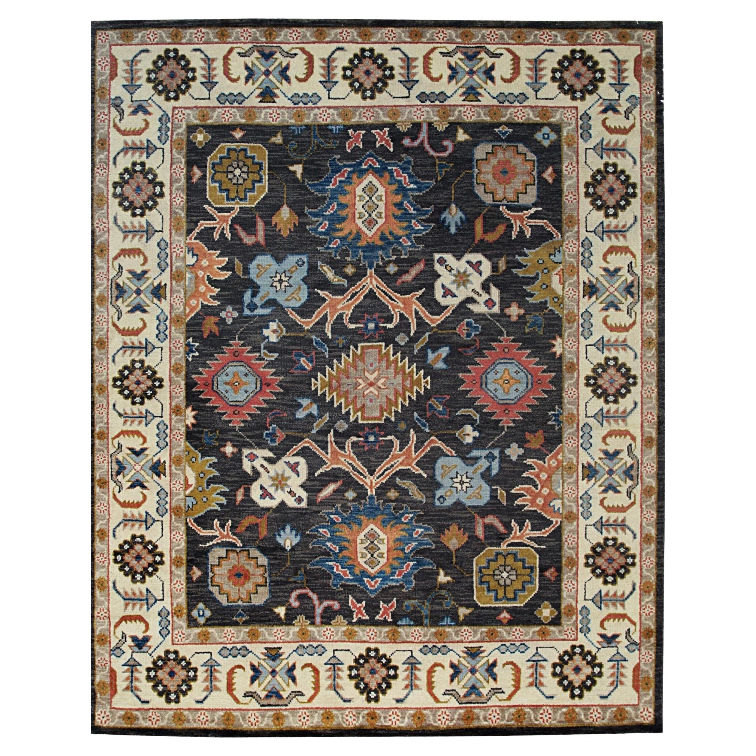 8x10 Blue Hand-Knotted Wool Floral Medallion Border Traditional Carpet Rug For Sale