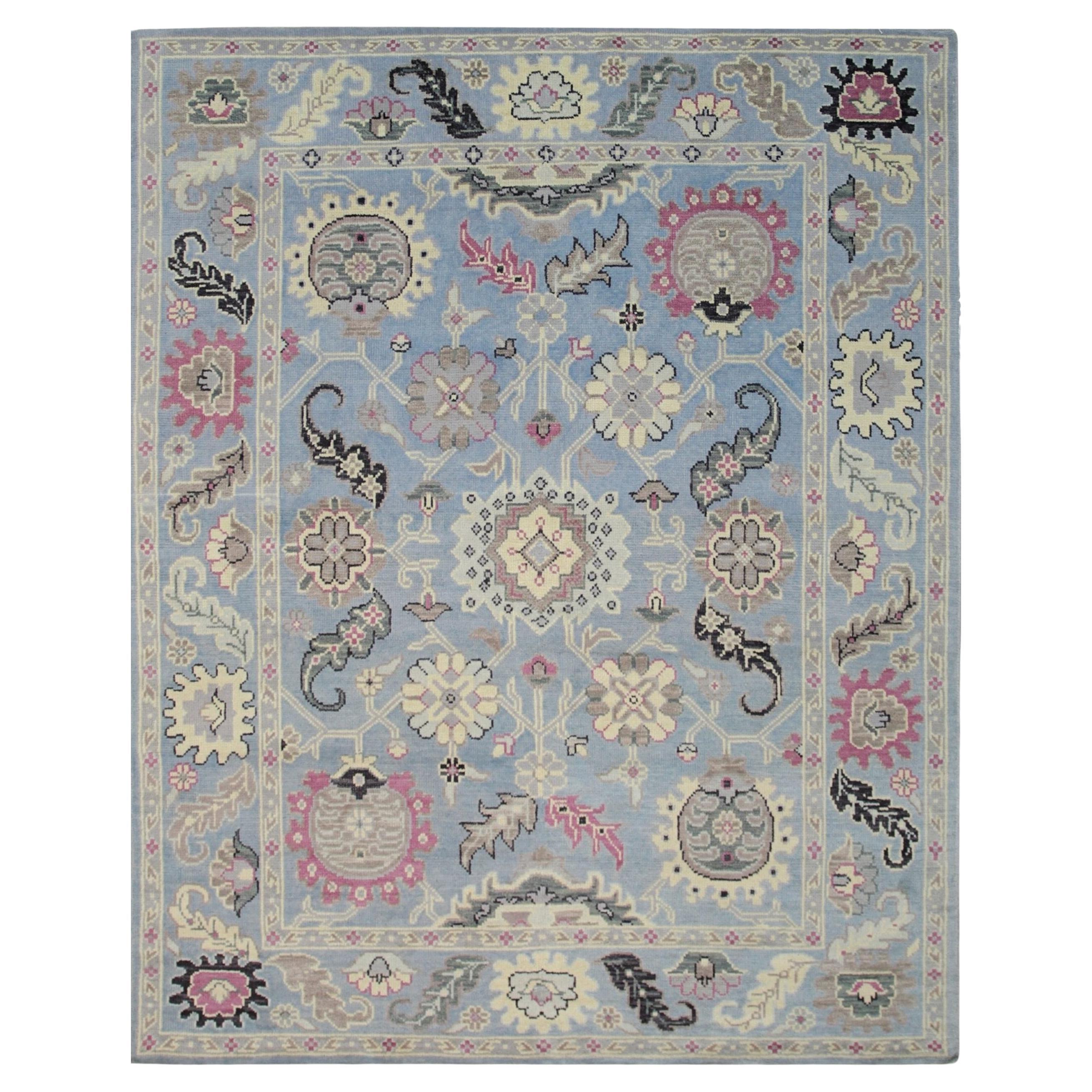 8x10 Blue Hand-Knotted Wool Floral Medallions Classic Traditional Carpet Rug