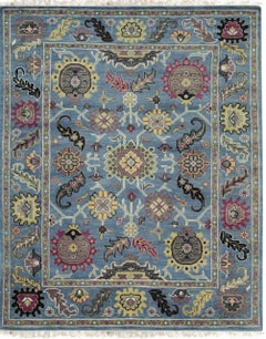 8x10 Blue Hand-Knotted Wool Floral Medallions Traditional Modern Carpet Rug