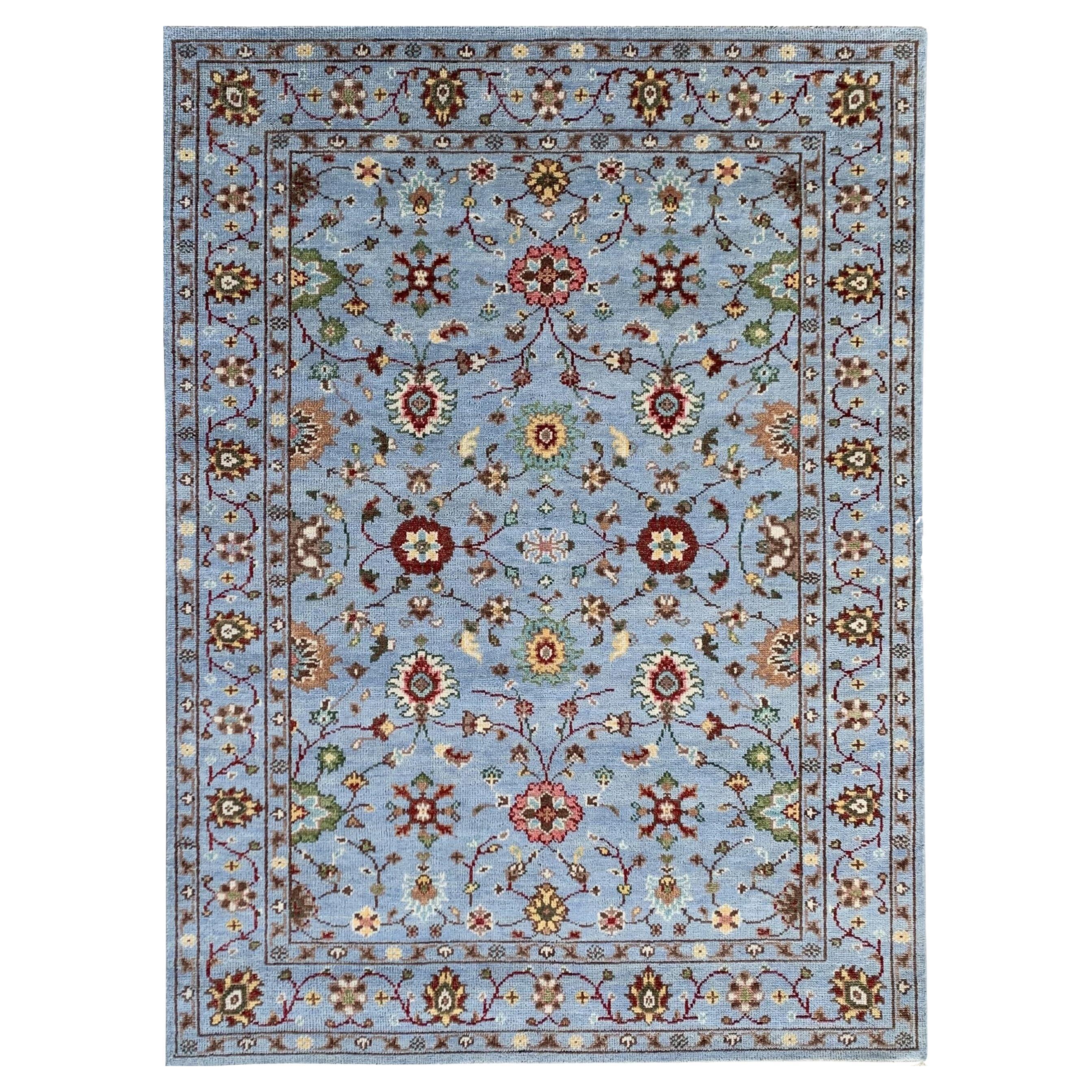 8x10 Blue Hand-Knotted Wool Floral Sky Classic Traditional Modern Carpet Rug