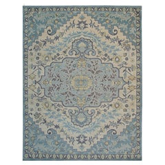 8x10 Blue Hand-Knotted Wool Floral Symmetry Geometric Modern Carpet Rug