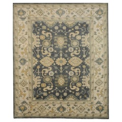 8x10 Blue Hand-Knotted Wool Layered Floral Border Classic Traditional Carpet Rug