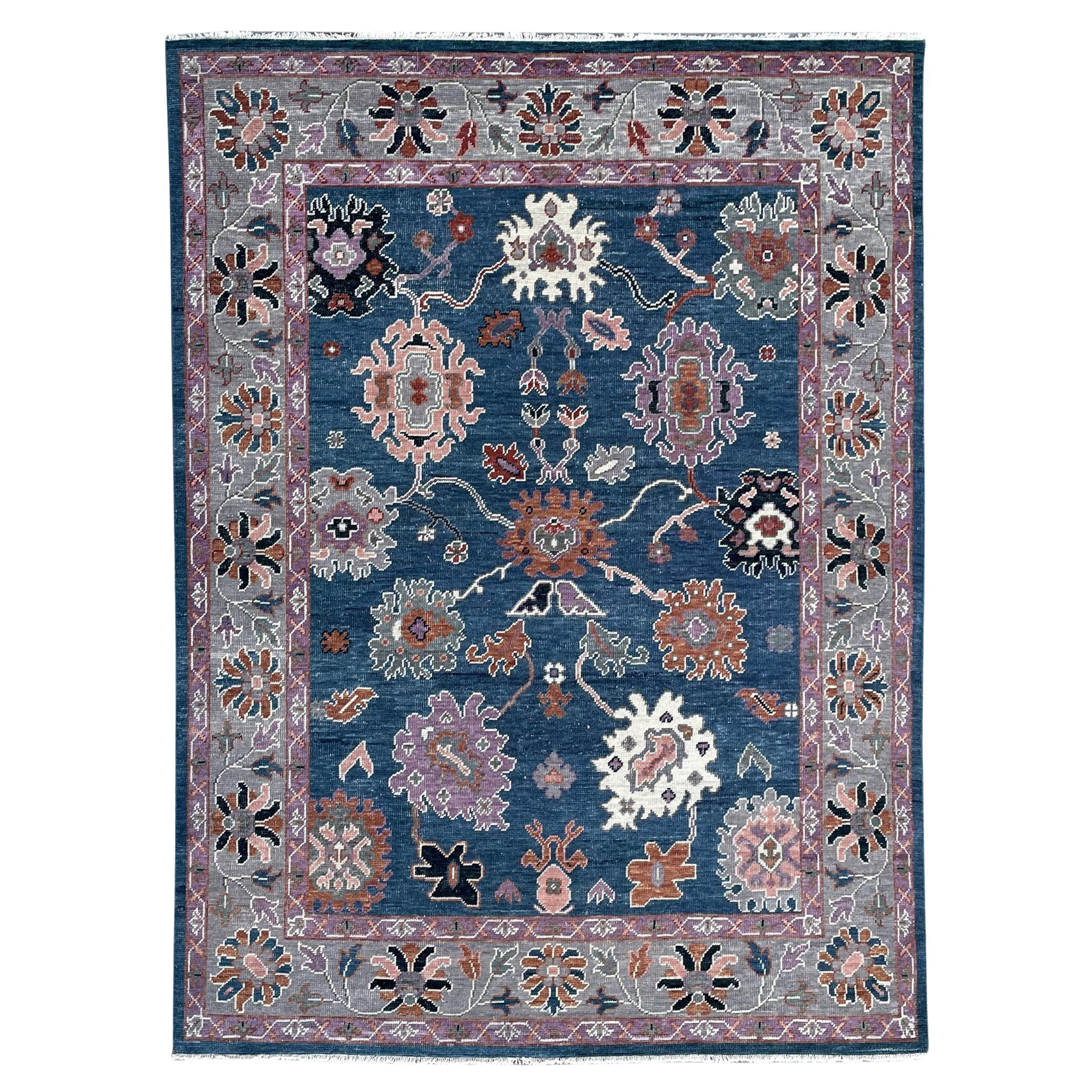 8x10 Blue Hand-Knotted Wool Serpentine Floral Classic Traditional Carpet Rug