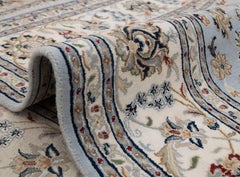 8x10 Blue Ivory Medallion Persian Hand Knotted Nain Wool Silk Rug ( G - 11157 )