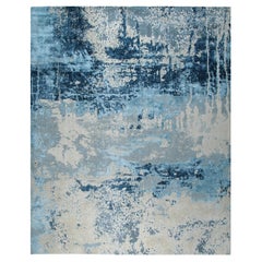 8x10 Blue Machine Made Wool Coastal Distressed Abstract Modern Carpet Rug