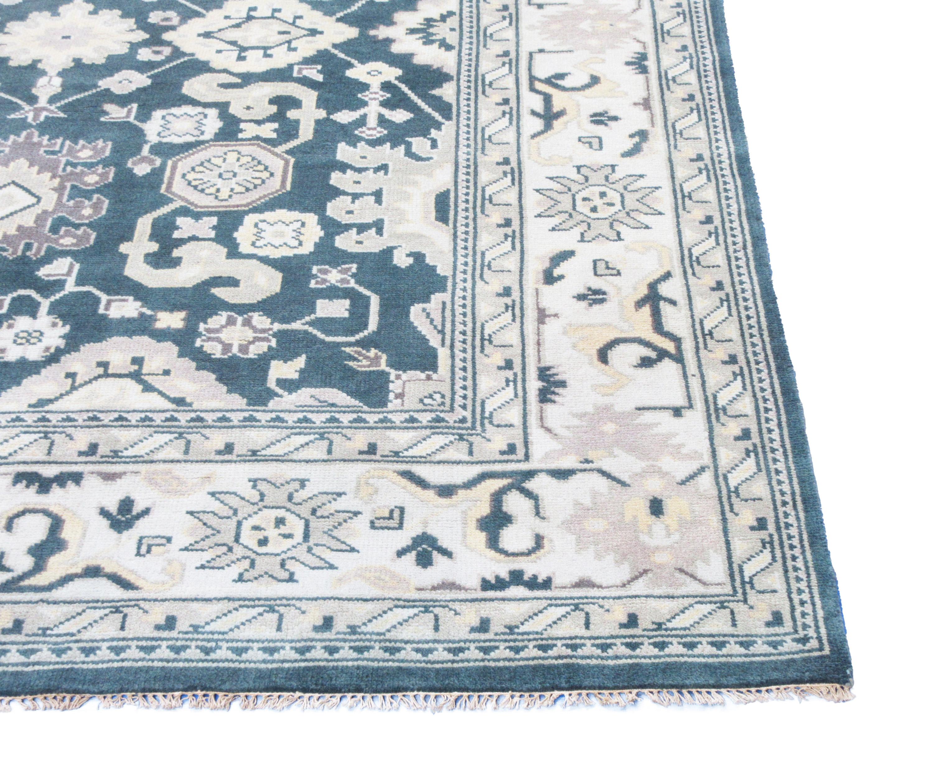 Hand-Knotted Blue Oushak For Sale