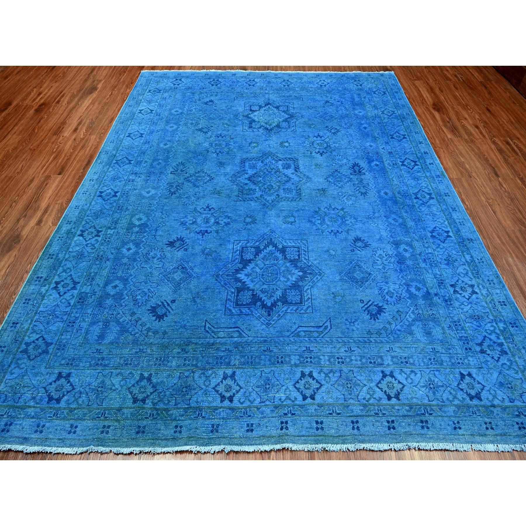 Imperial Blue, Overdyed Kazak with Star Medallion Design, Pure Wool, Hand Knotted, Oriental Rug
Primary materials: Wool
Latex: No Pile 
height: 0.25 Inches
Style: Traditional
Primary color: Blue
Secondary colors: None
Pattern: Oriental