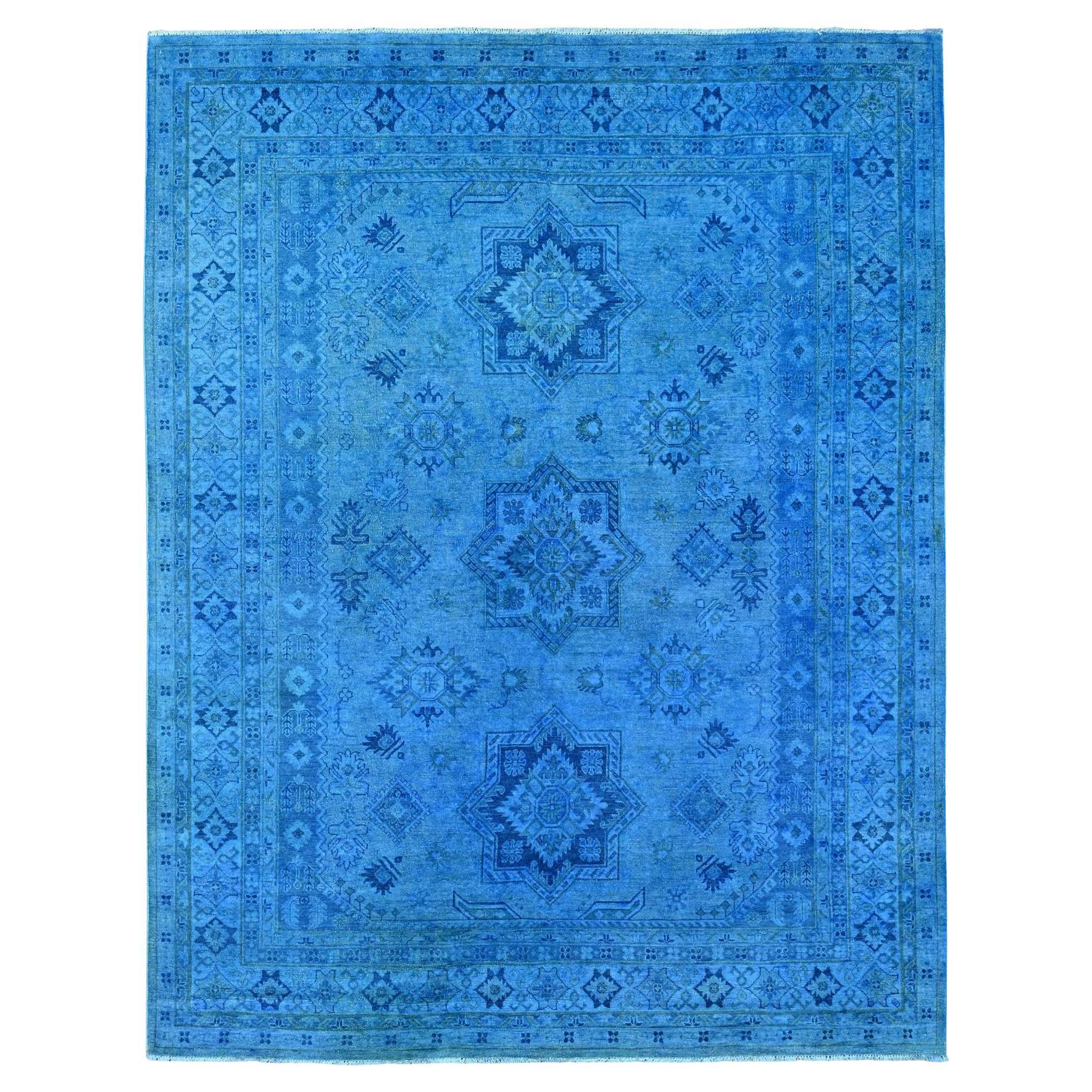 8'x10' Blue Overdyed Kazak Star Medallion Design Pure Wool Hand Knotted Rug
