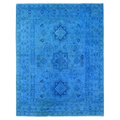 8'x10' Azul Sobreteñida Kazak Diseño Medallón Estrella Lana Pura Alfombra Anudada a Mano