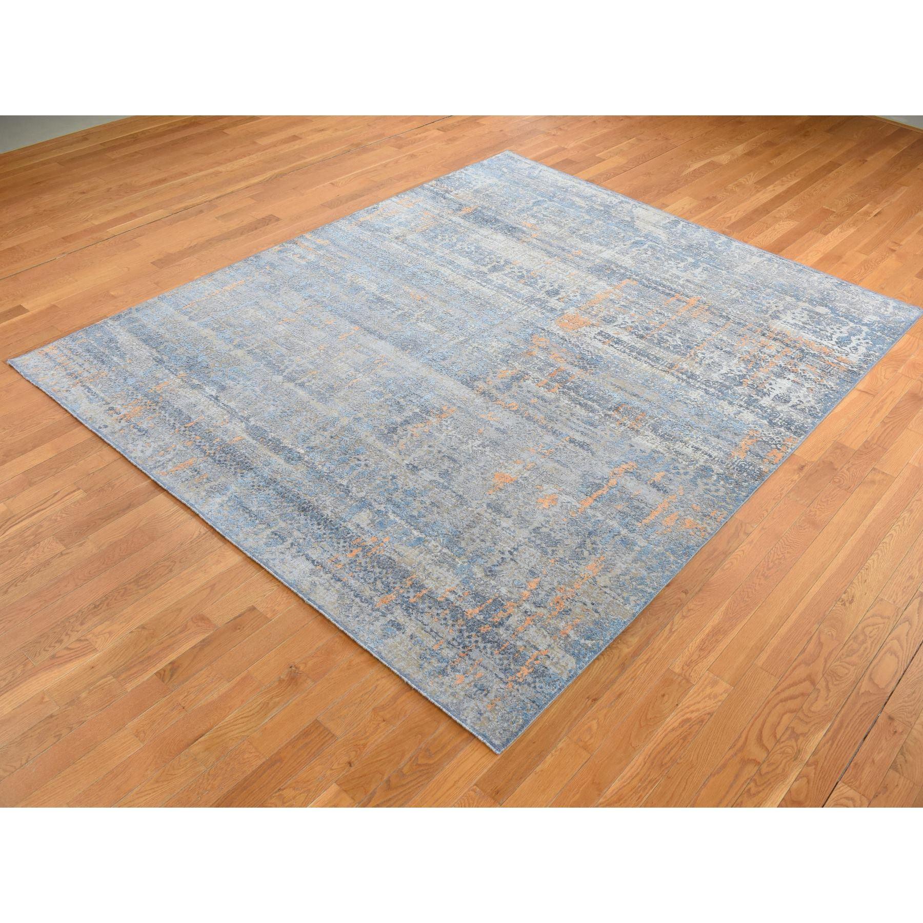 Medievale 8'x10' Blu, Seta con lana, tono su tono, Tappeto moderno annodato a mano in vendita