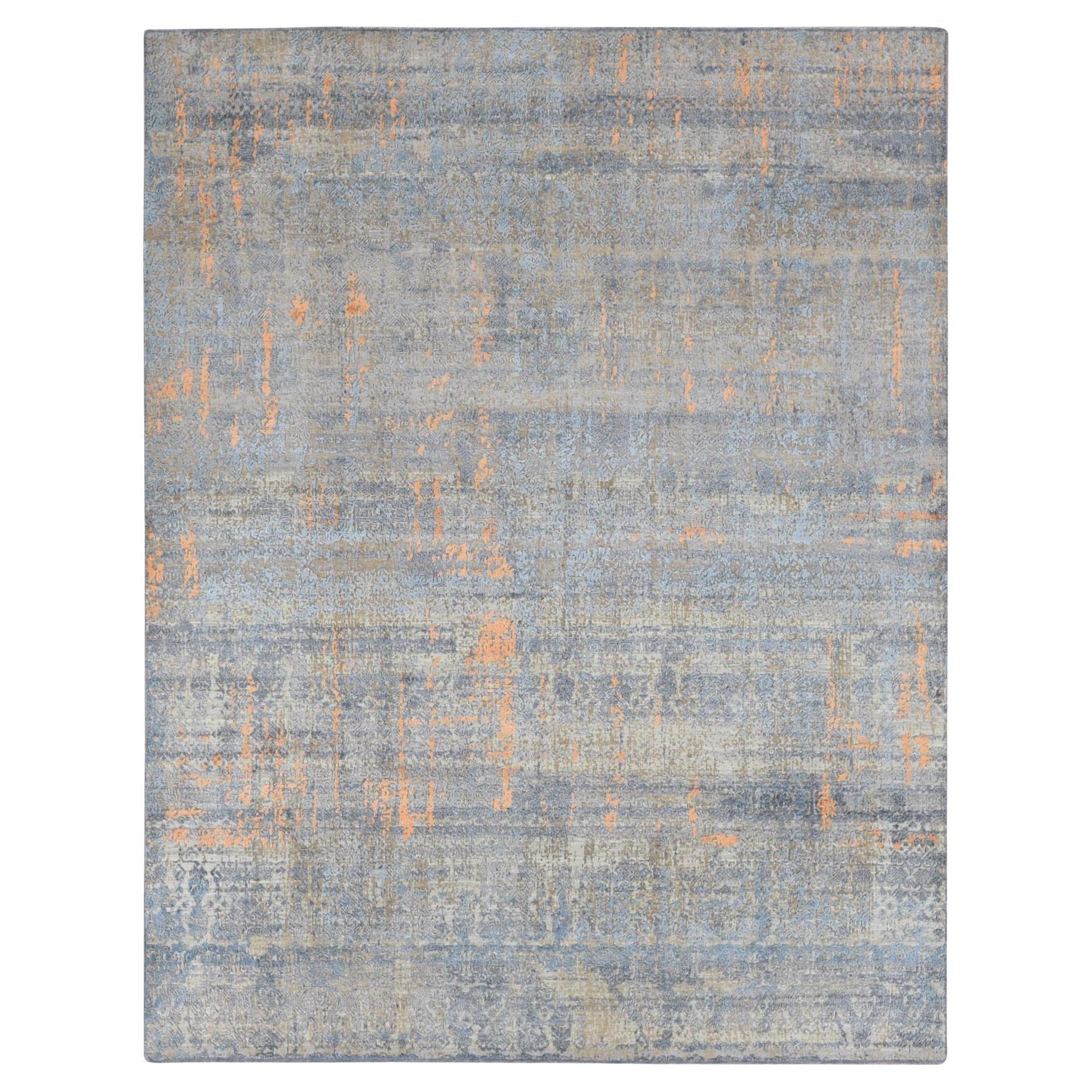 8'x10' Bleu, soie et laine, ton sur ton, Design Modernity Rugs noués à la main