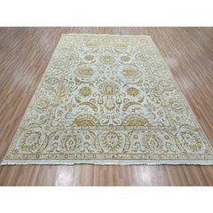 Alfombra Anudada a Mano de Lana y Seda con Diseño de Influencia Persa Azul y Marrón de 8'x10'