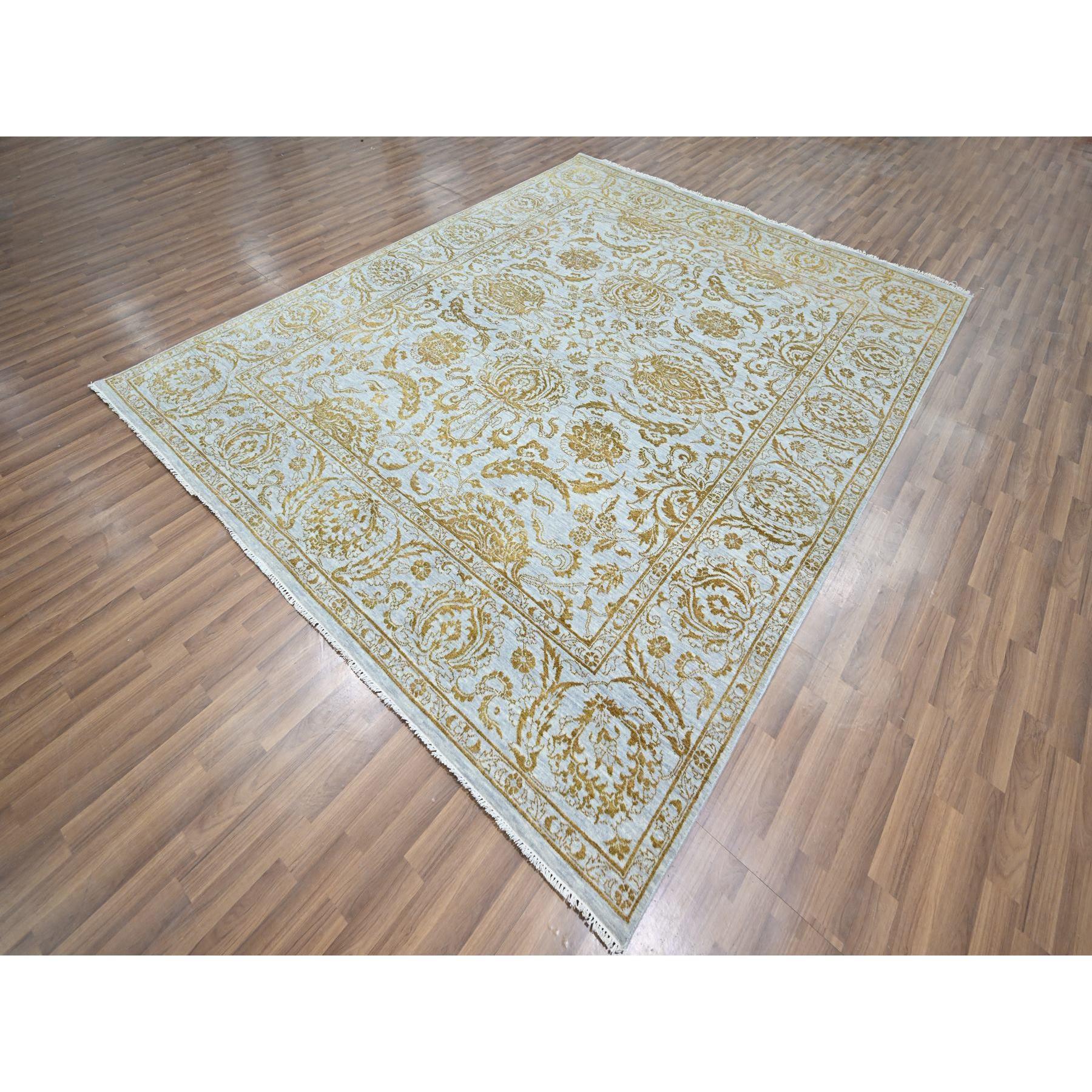 8'x10' Blau mit Brown Persischer Einfluss Design Wolle & Seide Handgeknüpfter Teppich (Moderne) im Angebot