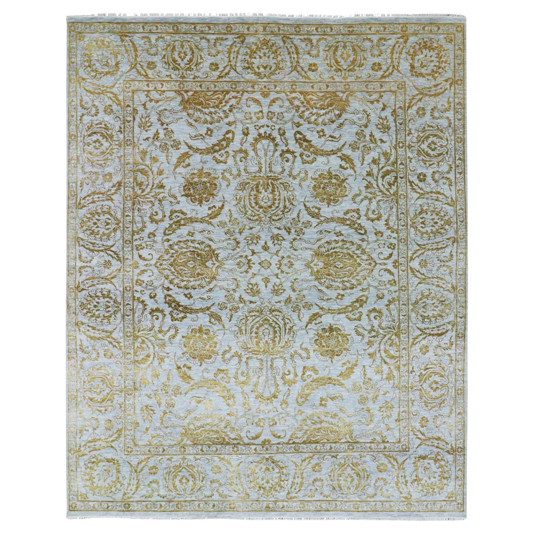 8'x10' Blau mit Brown Persischer Einfluss Design Wolle & Seide Handgeknüpfter Teppich im Angebot