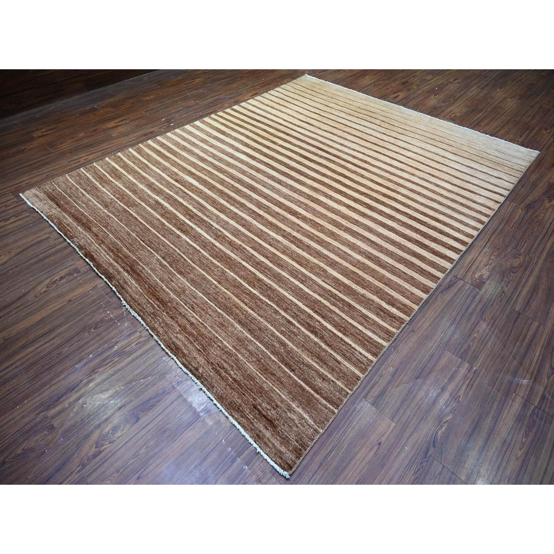Hand-Knotted 8'x10' Brown On Clearance Striped Modern Gabbeh Hand Knotted Pure Wool Rug For Sale
