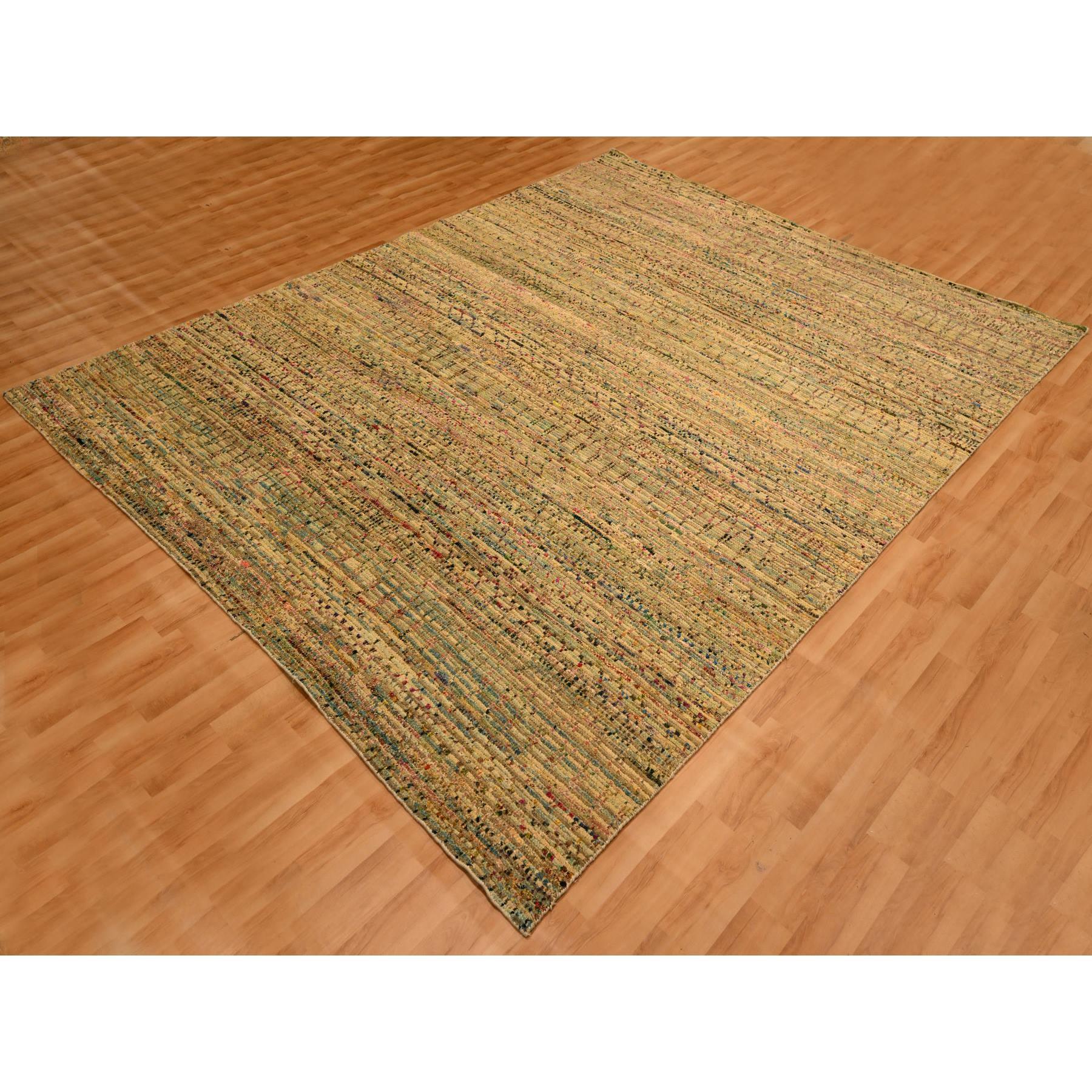 8'x10' Alfombra Oriental Anudada a Mano de Lana Marrón y Seda Sari con Diseño de Hierba Moderno en venta