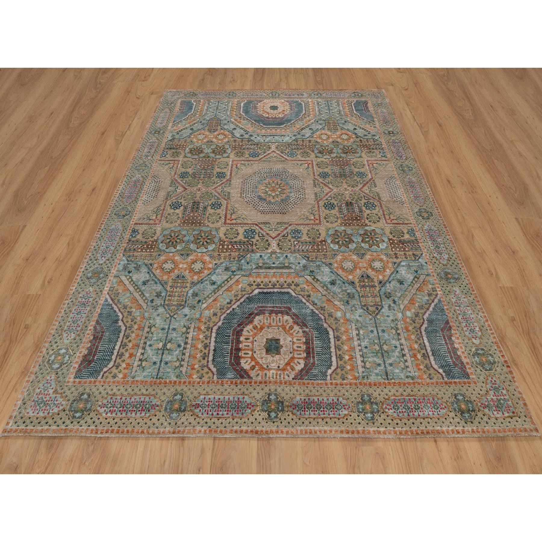 Wood Brown, Hand Knotted, Mamluk Design with Star Medallion, Textured Wool and Silk, Oriental Rug
Primary materials: Wool & Silk
Latex: No Pile 
height: 0.25 Inches
Style: Traditional
Primary color: Brown
Secondary colors: Red, Orange, Blue,