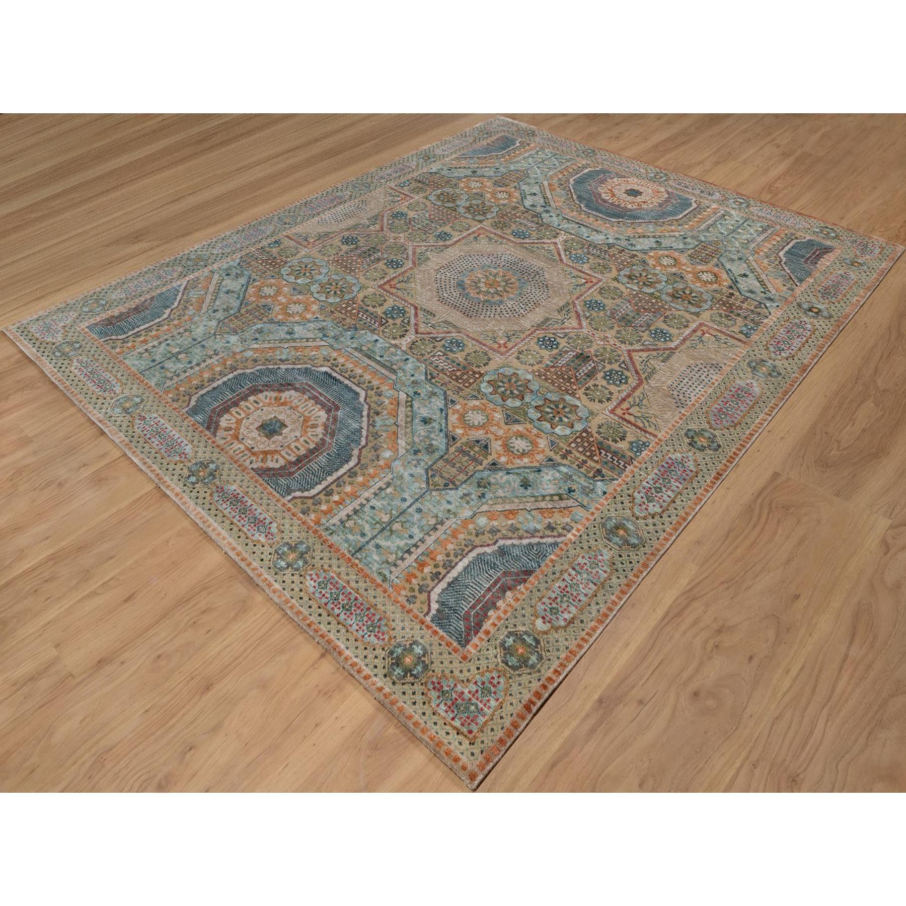 8'x10' Brown Wool and Silk Mamluk Design with Star Medallion Hand Knotted Rug (Mittelalterlich) im Angebot