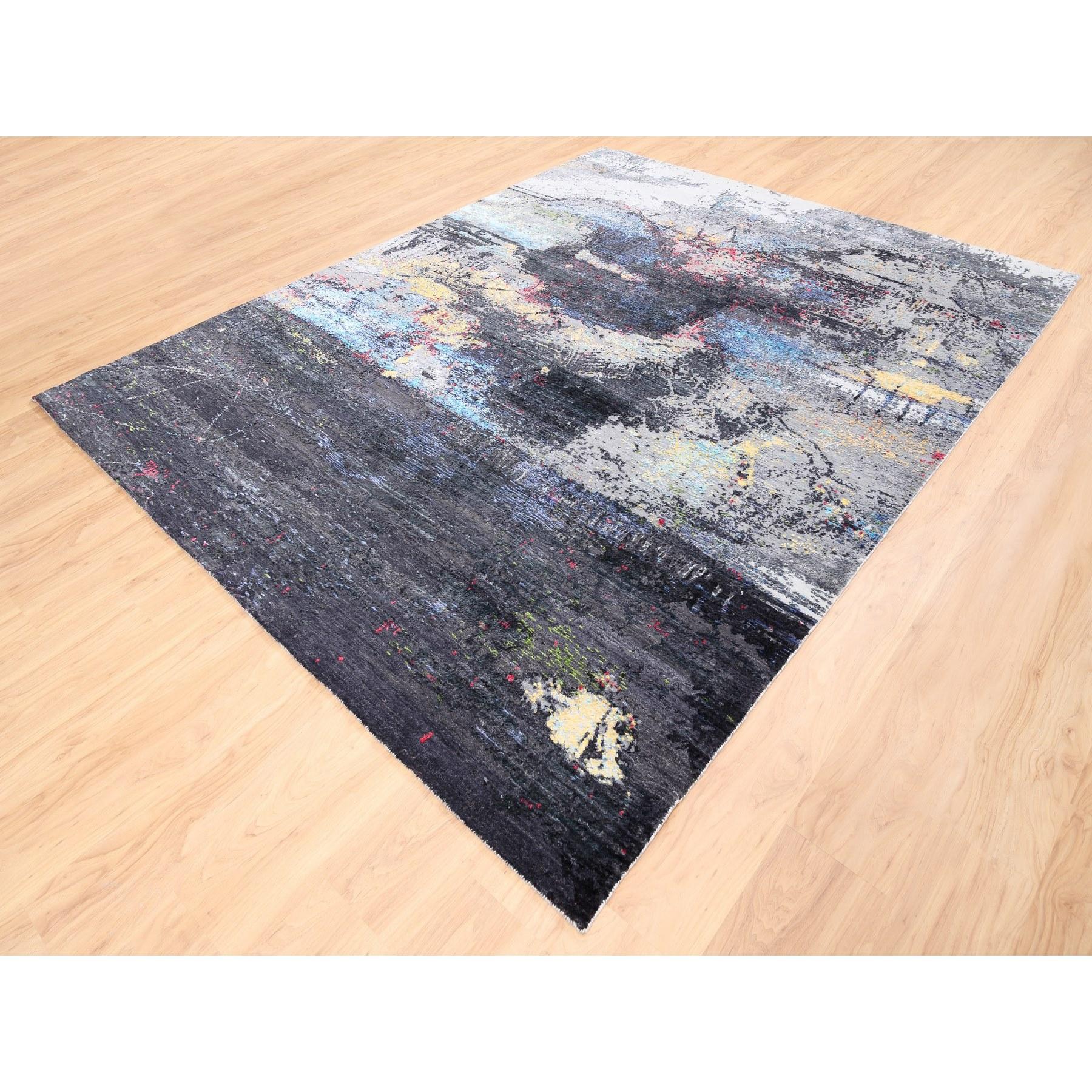 8'x10' Holzkohle Schwarz mit Pop Of Colors Moderner handgeknüpfter Teppich aus Woll-Silber (Handgeknüpft) im Angebot