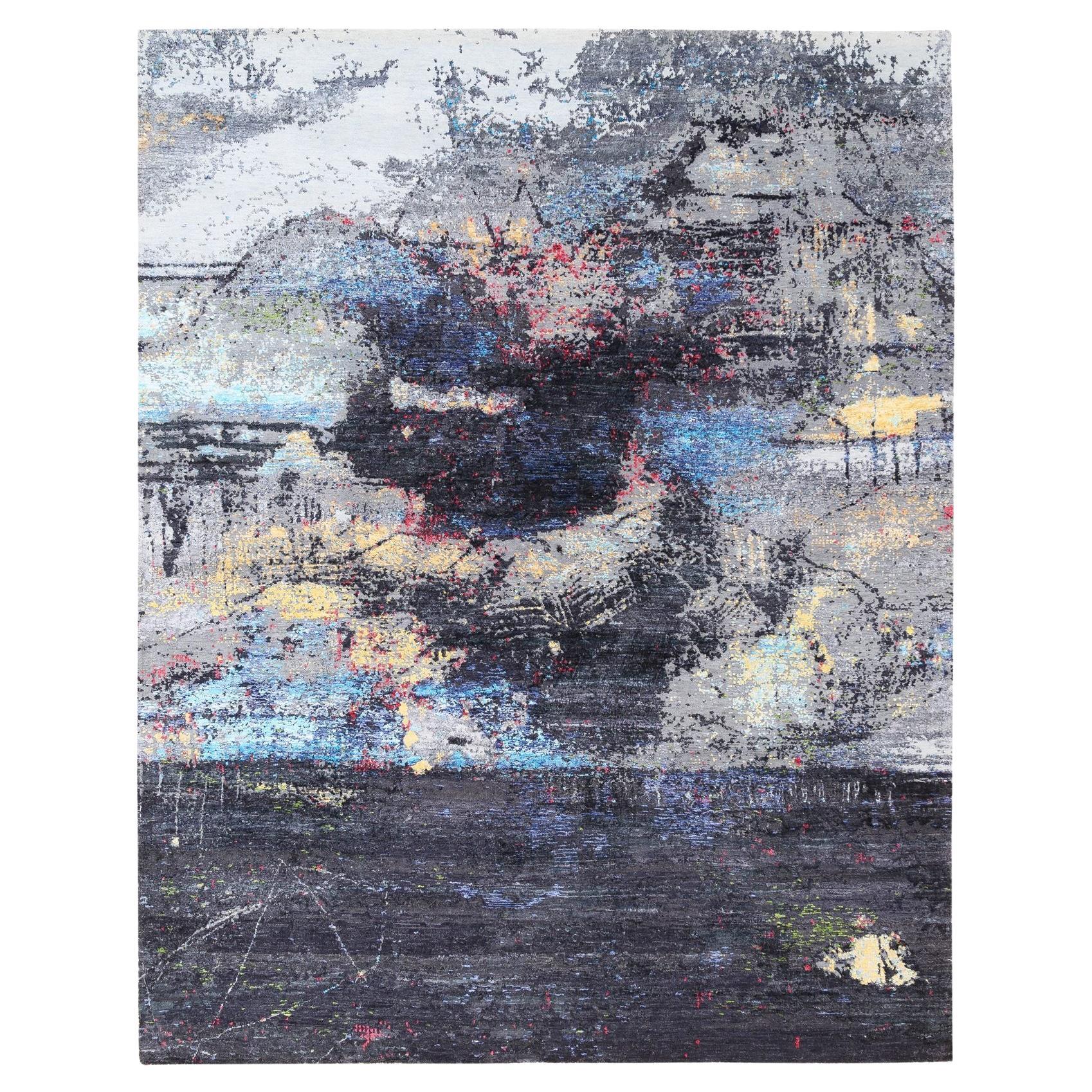 8'x10' Holzkohle Schwarz mit Pop Of Colors Moderner handgeknüpfter Teppich aus Woll-Silber im Angebot