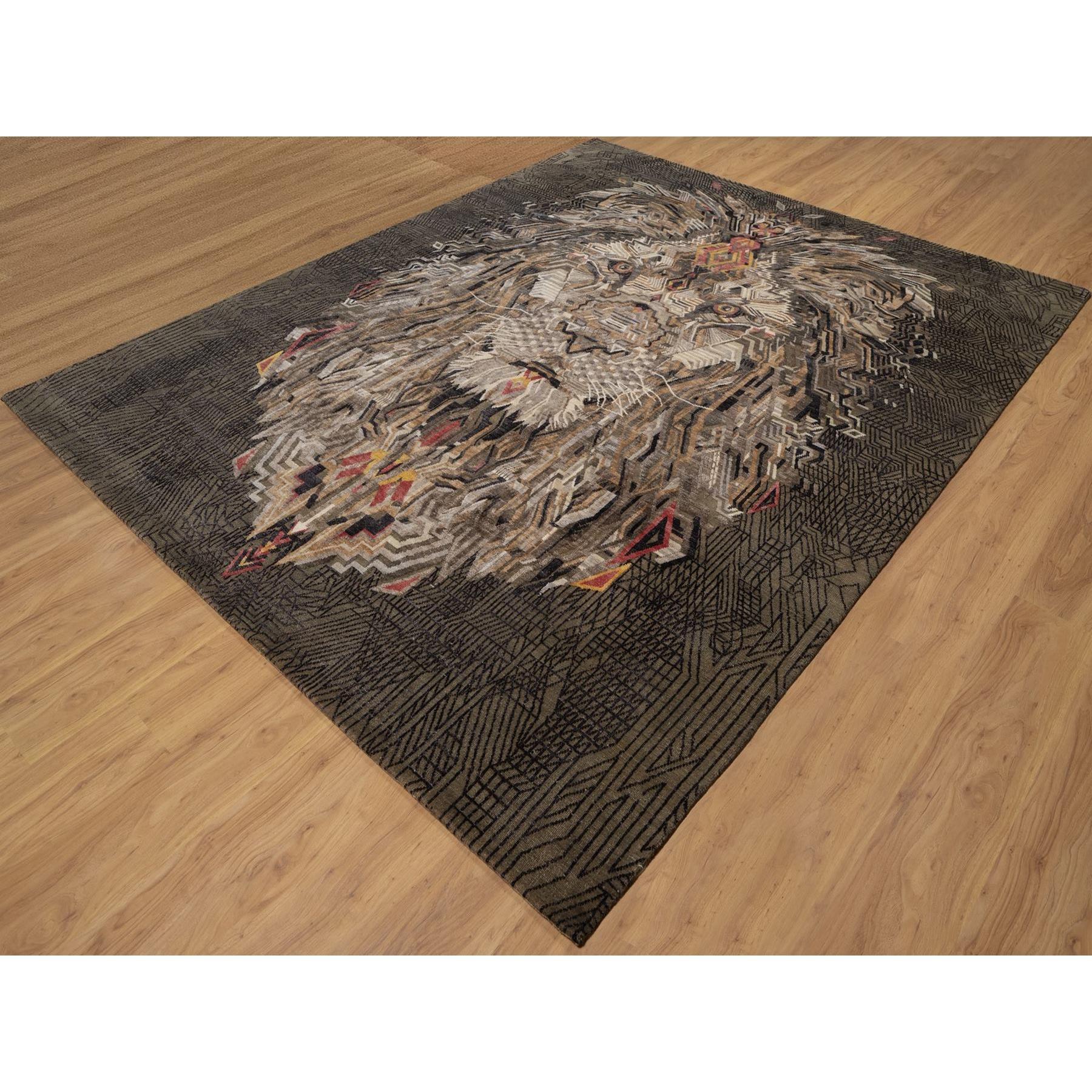 8'x10' Chocolate Brown The Maharaja Lion Novelty Wool & Silk Hand Knotted Rug Indio en venta