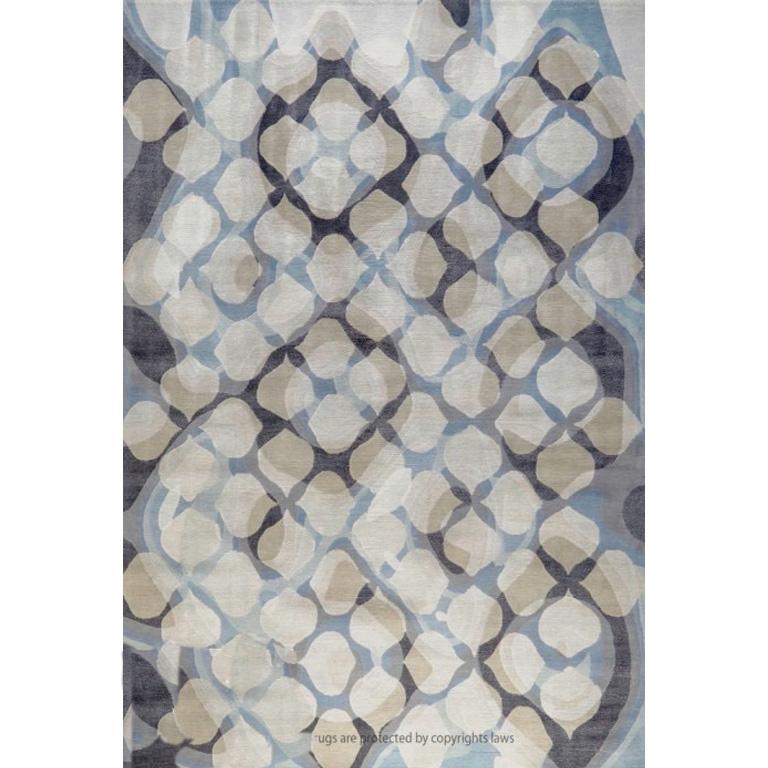 Modern Contemporary Area Rug in Blue Black, Handmade of Silk, Wool, 