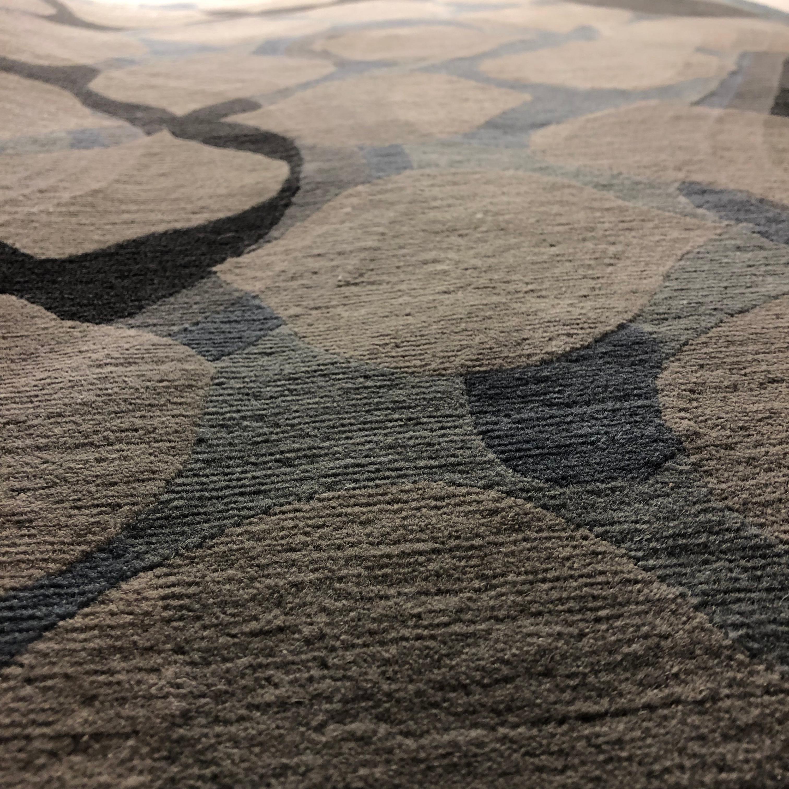 Nepalese Contemporary Area Rug in Blue Black, Handmade of Silk, Wool, 