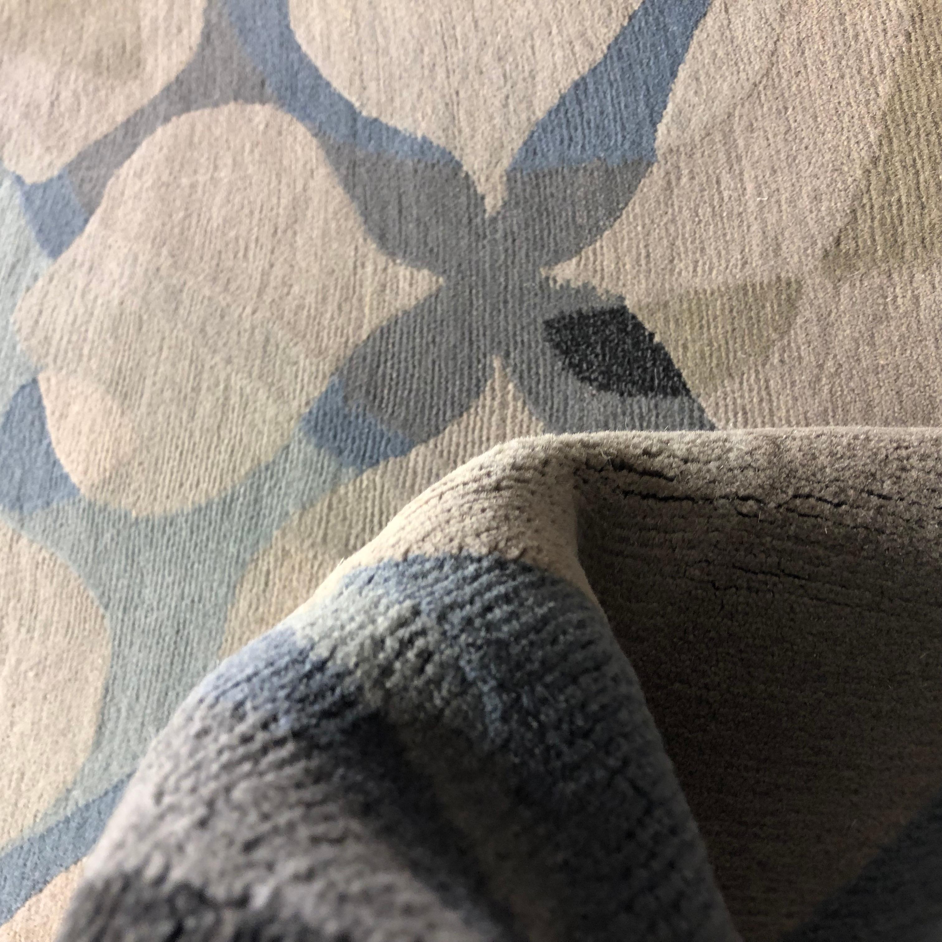 Hand-Knotted Contemporary Area Rug in Blue Black, Handmade of Silk, Wool, 
