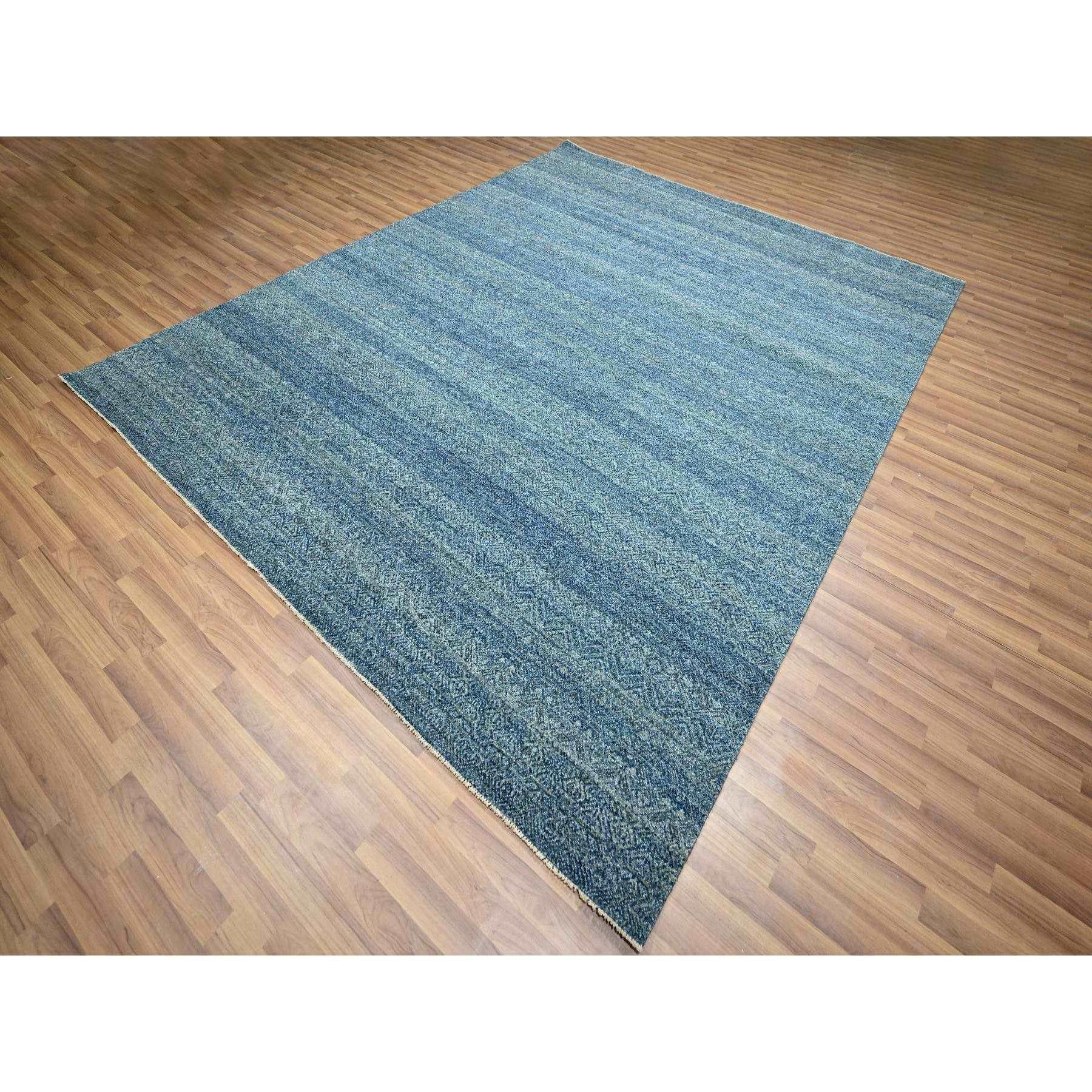 Modern 8'x10' Denim Blue Geometric Repetitive Diamond Pattern Hand Knotted Wool Rug For Sale